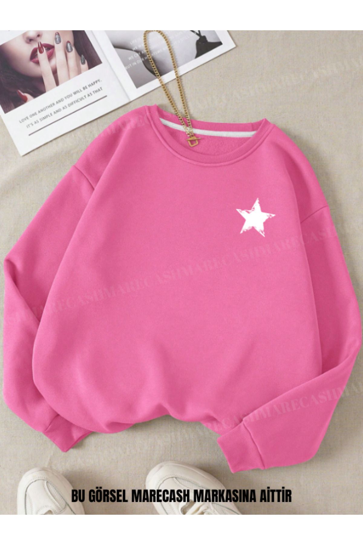 MARECASH Yıldız Baskılı Bisiklet Yaka 3 İplik Sweatshirt 0 Yaka Kışlık Pamuklu