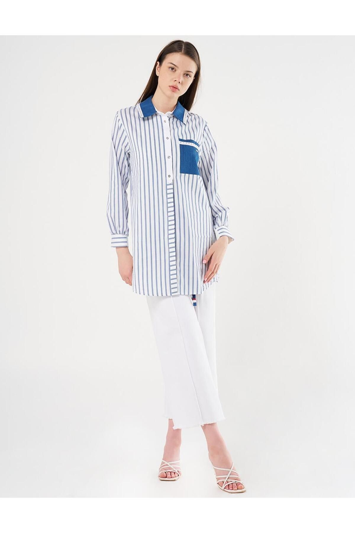 Kayra Denim Garnili Çizgi Desen Tunik Lacivert KY-B25-81019-11