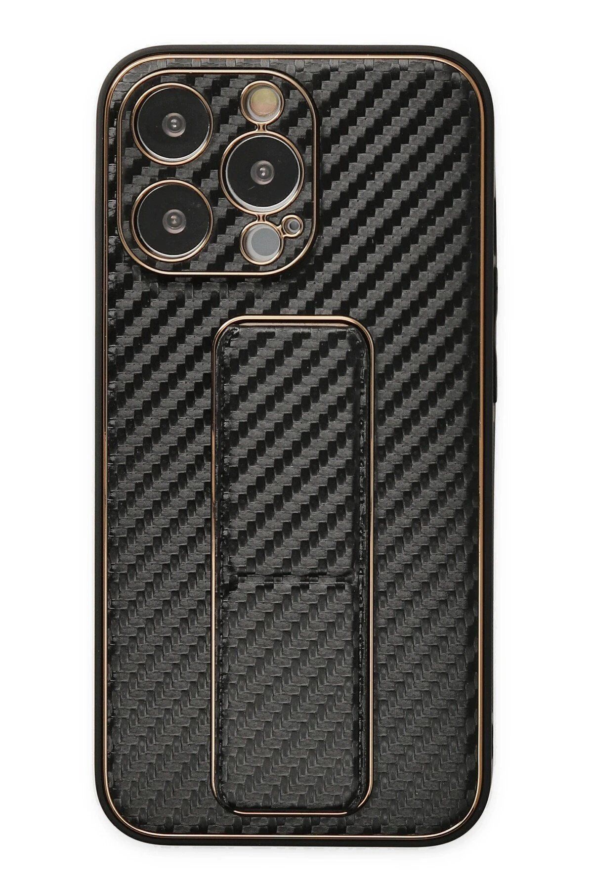 Toptan Bulurum iPhone 13 Pro Max Kılıf Coco Karbon Standlı Kapak - Siyah