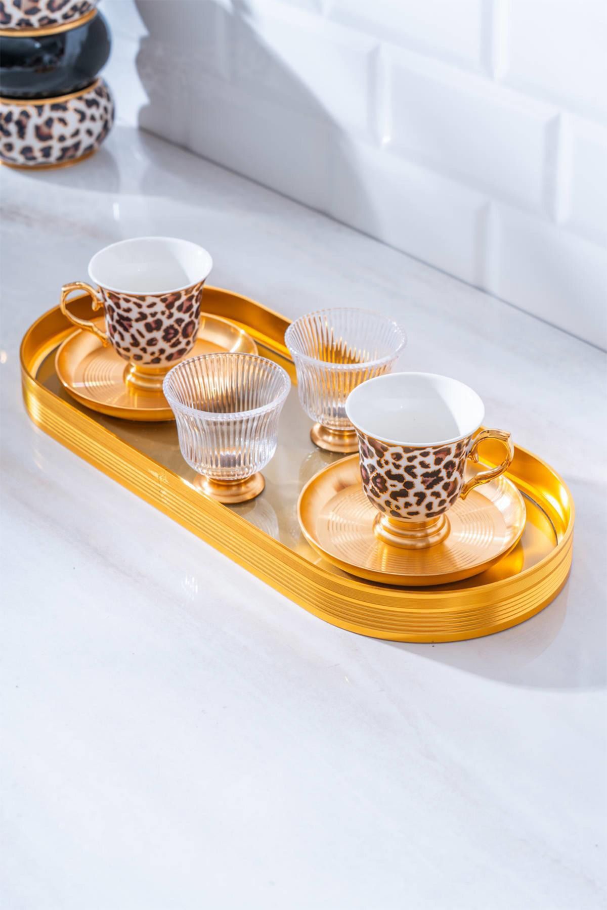 ACAR KOH-07321/6-ORTİGİA 7 Parça 2 Kişilik Cam Tepsili Kahve Fincanı Takımı - 90 ml