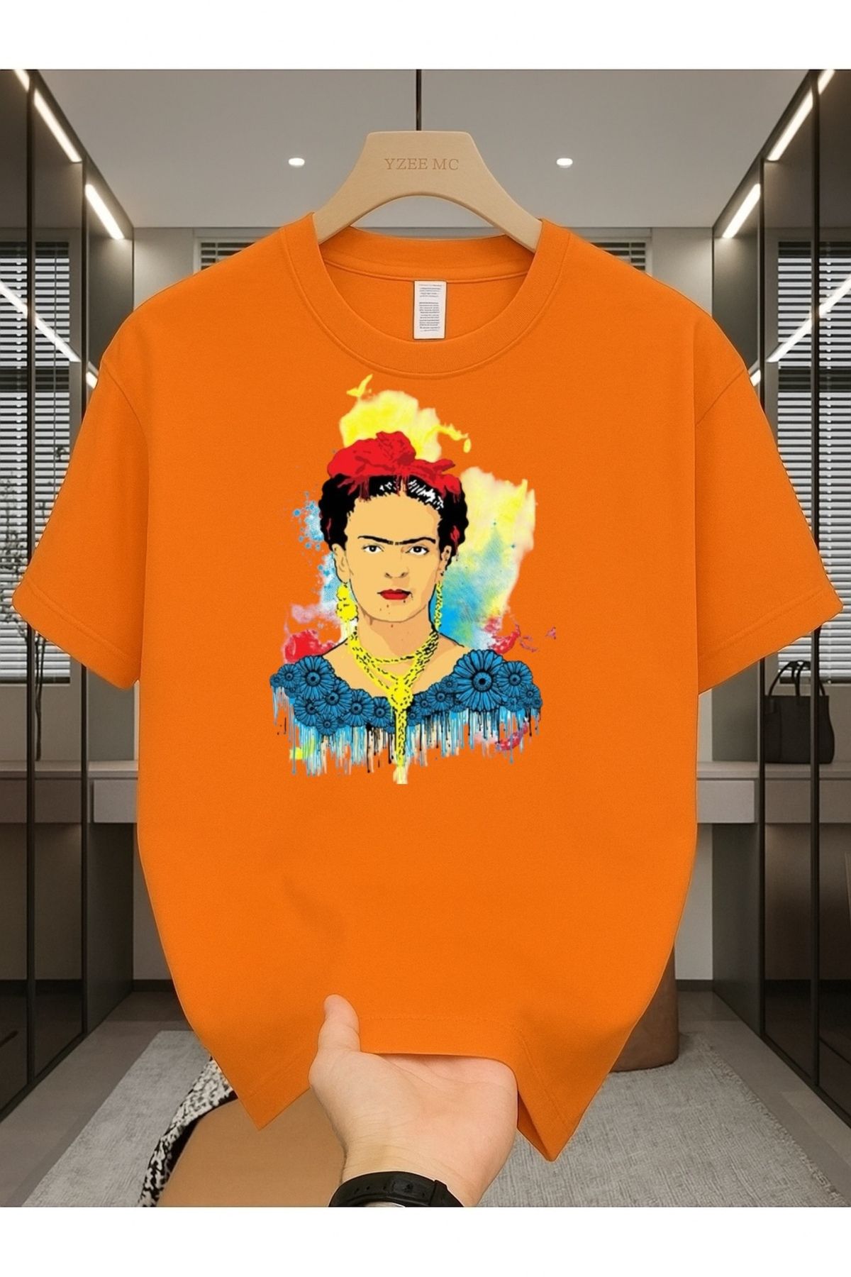Madali Boutique Frida Kahlo Renkli Baskılı Unisex Bisiklet Yaka Pamuk Oversize Boyfriend T-Shirt