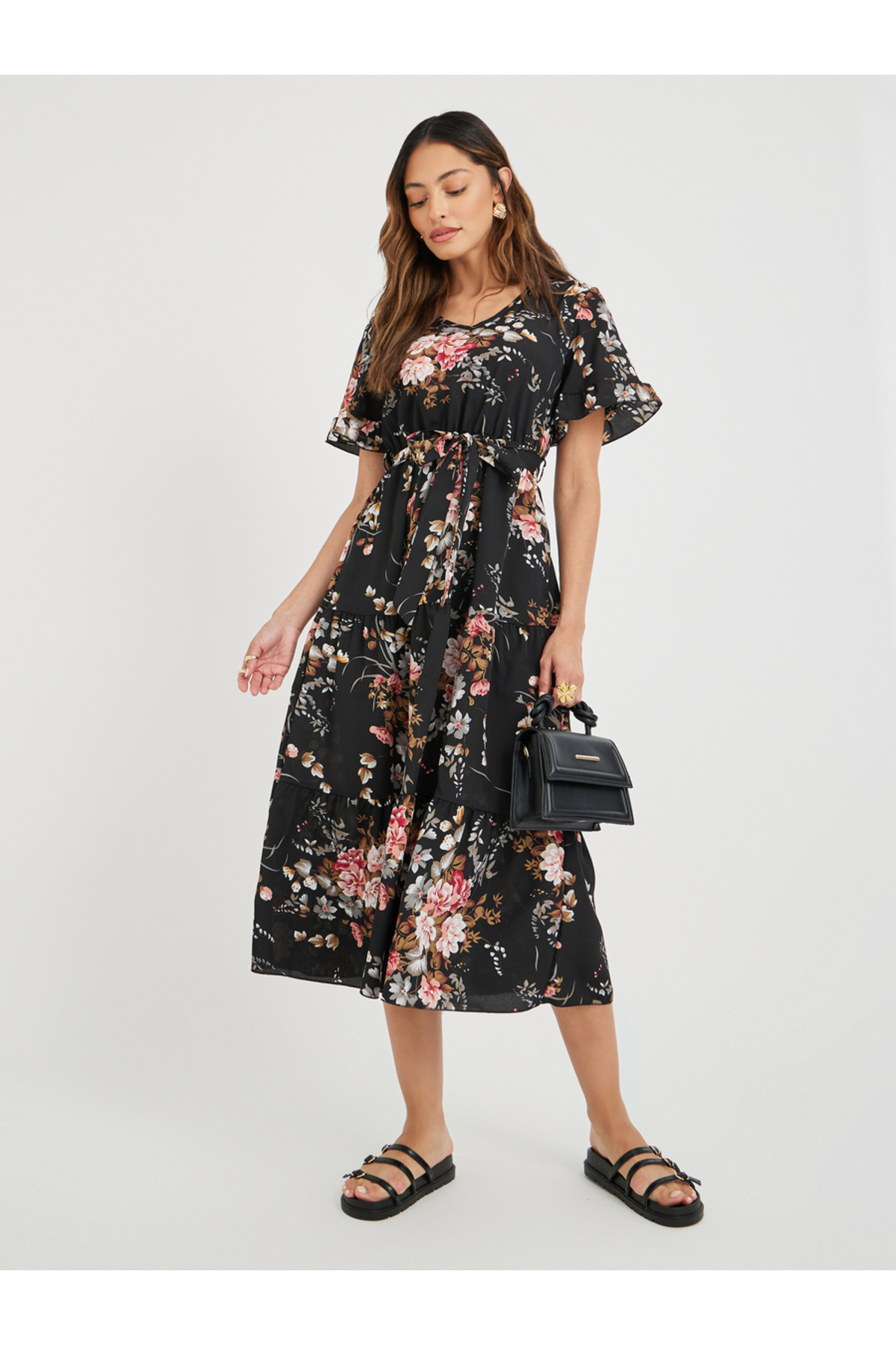 Take Two By Styli Women Black Floral Print Ruffle Trim A-Line Midi Dress with Tie Waist