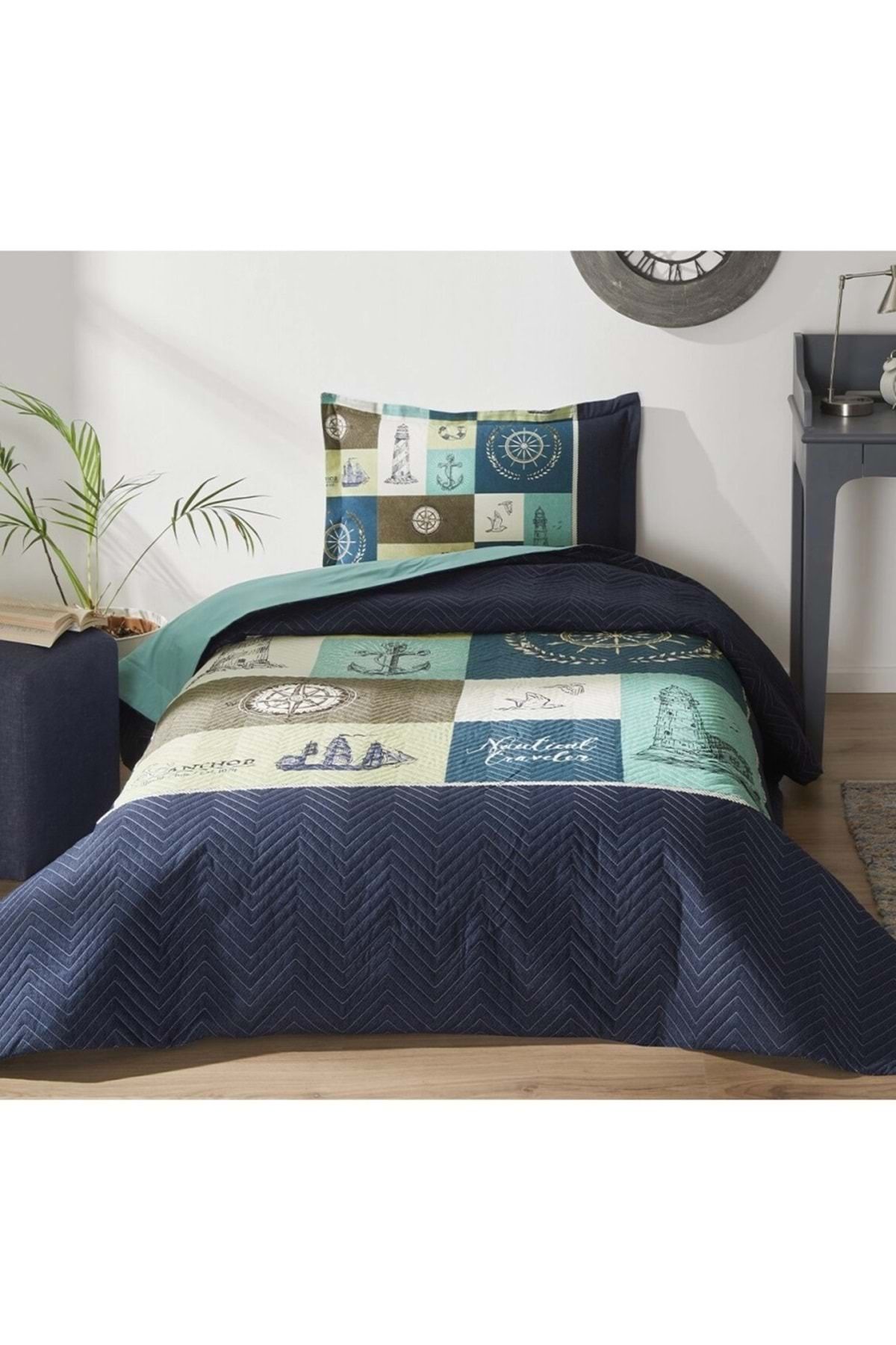 Özdilek Özdilek Kapitoneli Tek Kişilik Dört Mevsim Nevresim Takımı Complete Set-Nautical Traveler Mavi