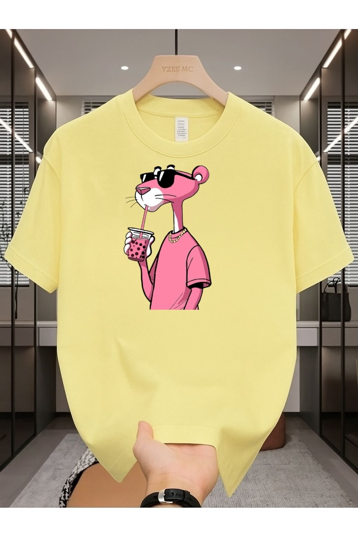 Madali Boutique Pembe Panter Baskılı Unisex Bisiklet Yaka Pamuk Oversize Boyfriend T-Shirt