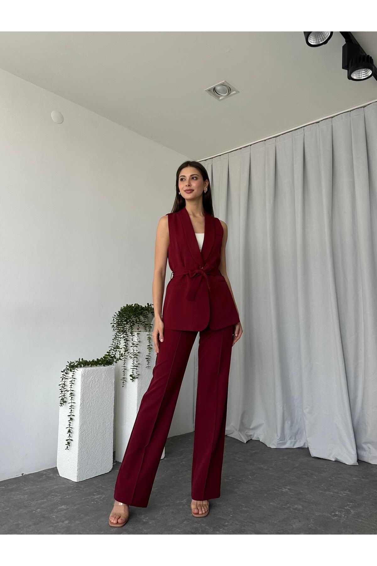 EFSUN MODA KADIN LEİLA YELEK PANTOLON TAKIM ASTARLİ KUŞAKLI