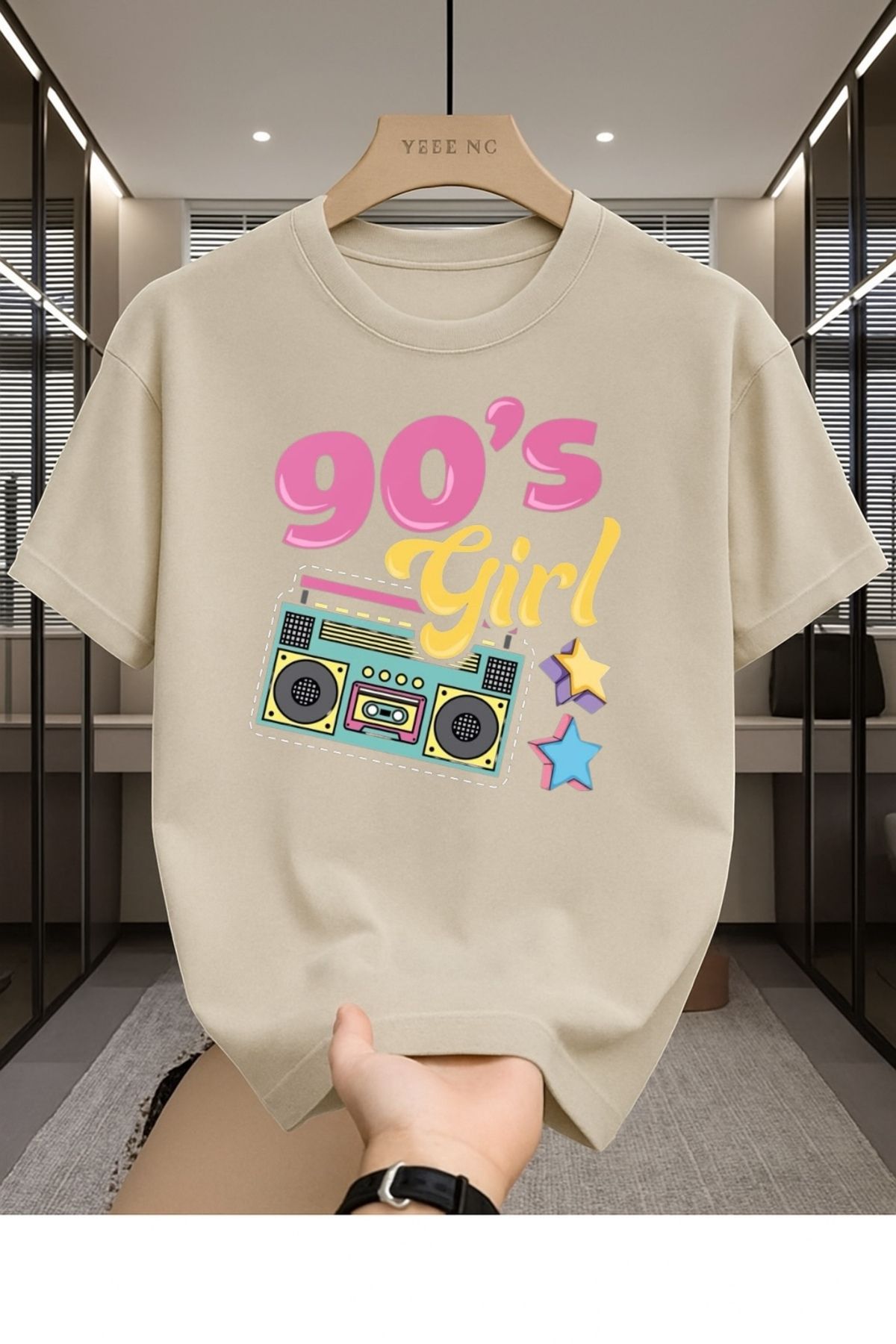 Madali Boutique 90's Girl Baskılı Unisex Bisiklet Yaka Pamuk Oversize Boyfriend T-Shirt