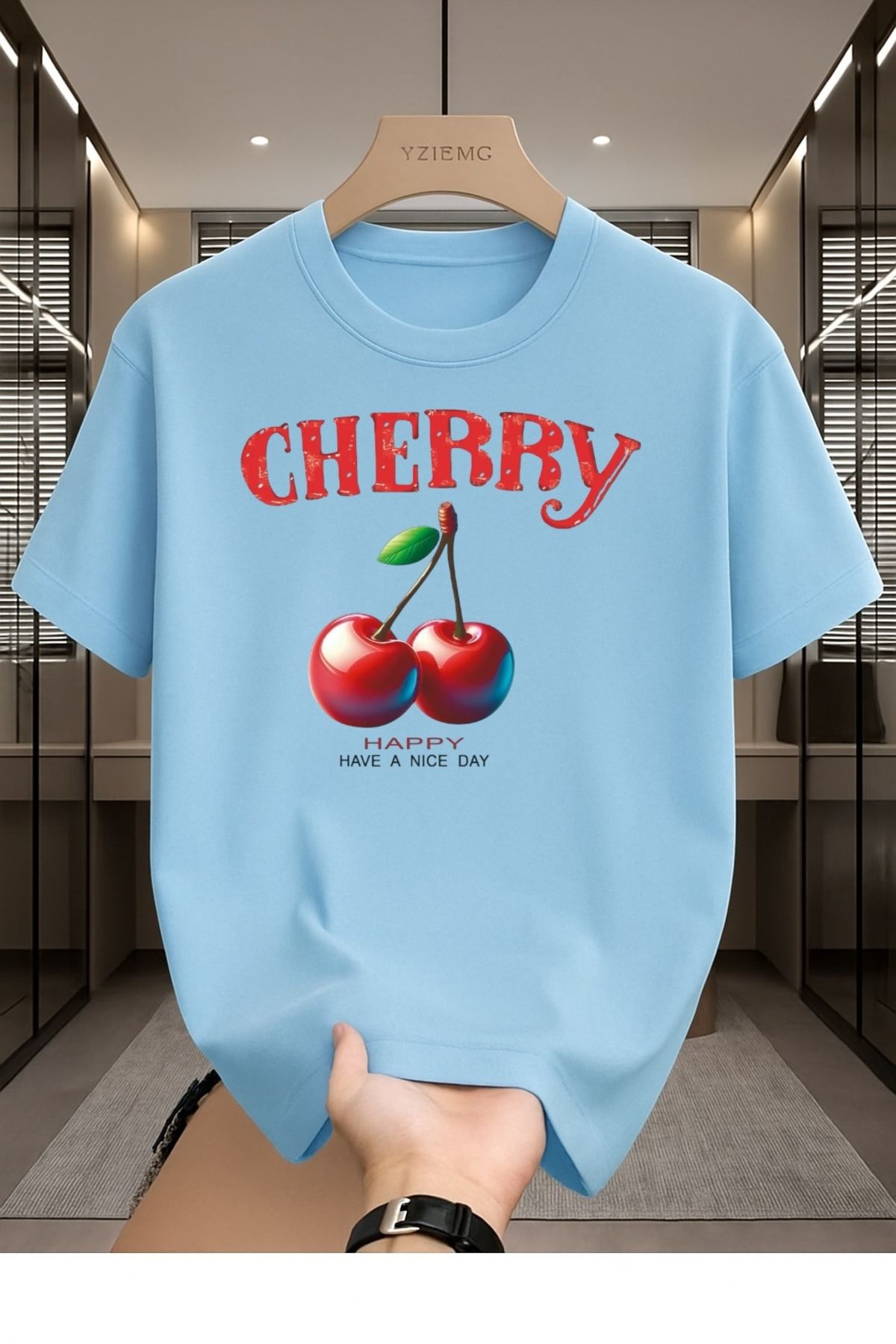 Madali Boutique Cherry Baskılı Unisex Bisiklet Yaka Pamuk Oversize Boyfriend T-Shirt