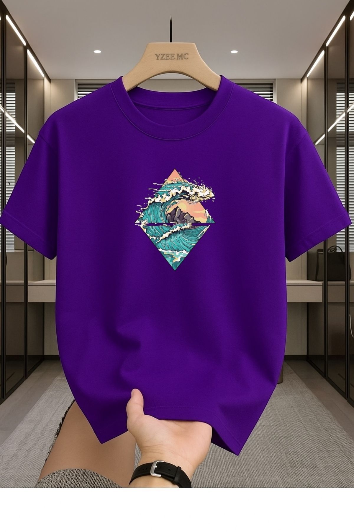 Madali Boutique Dalga Baskılı Unisex Bisiklet Yaka Pamuk Oversize Boyfriend T-Shirt