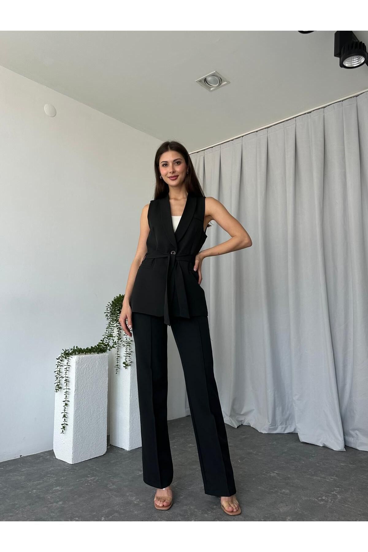 EFSUN MODA KADIN LEİLA YELEK PANTOLON TAKIM ASTARLİ KUŞAKLI