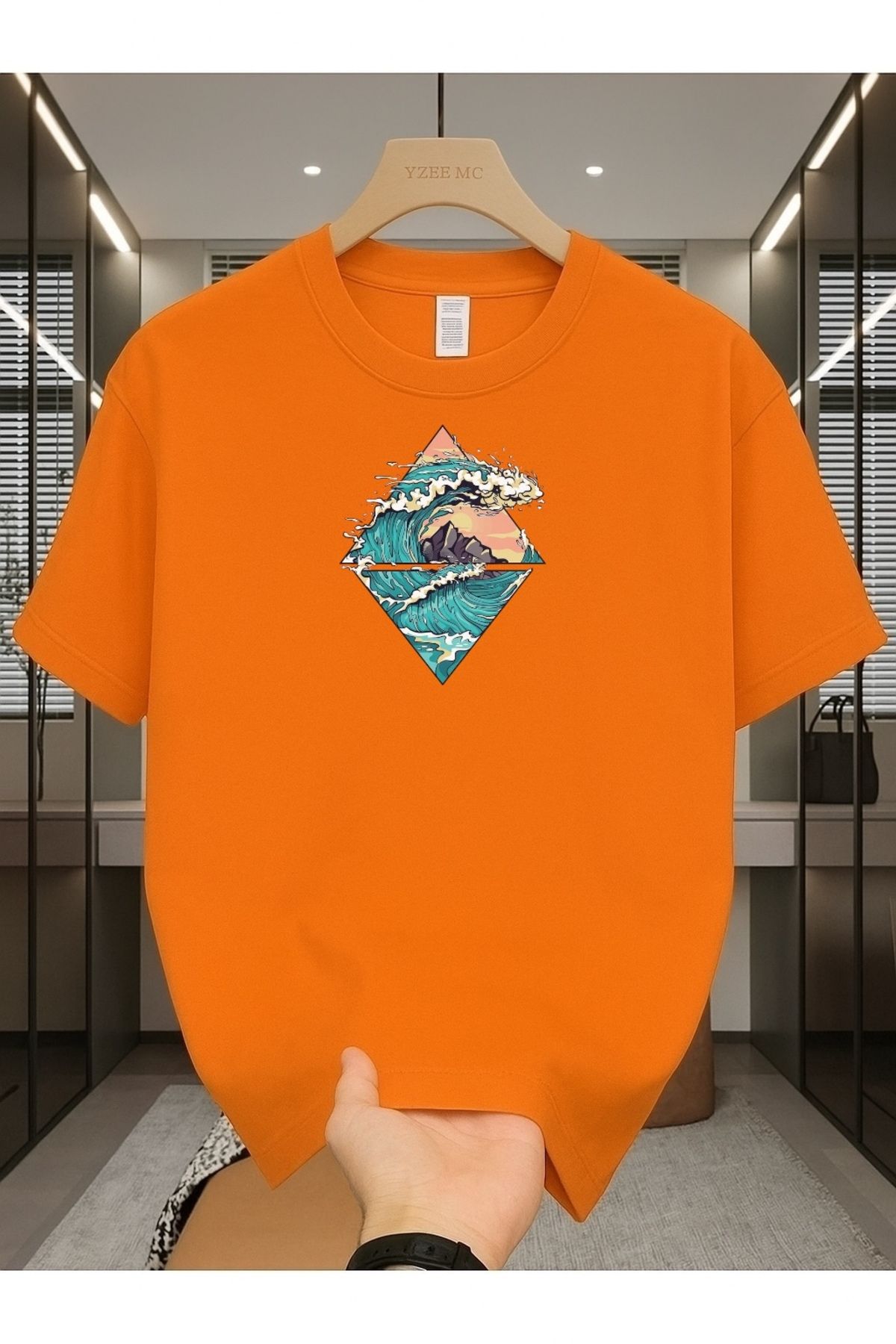 Madali Boutique Dalga Baskılı Unisex Bisiklet Yaka Pamuk Oversize Boyfriend T-Shirt