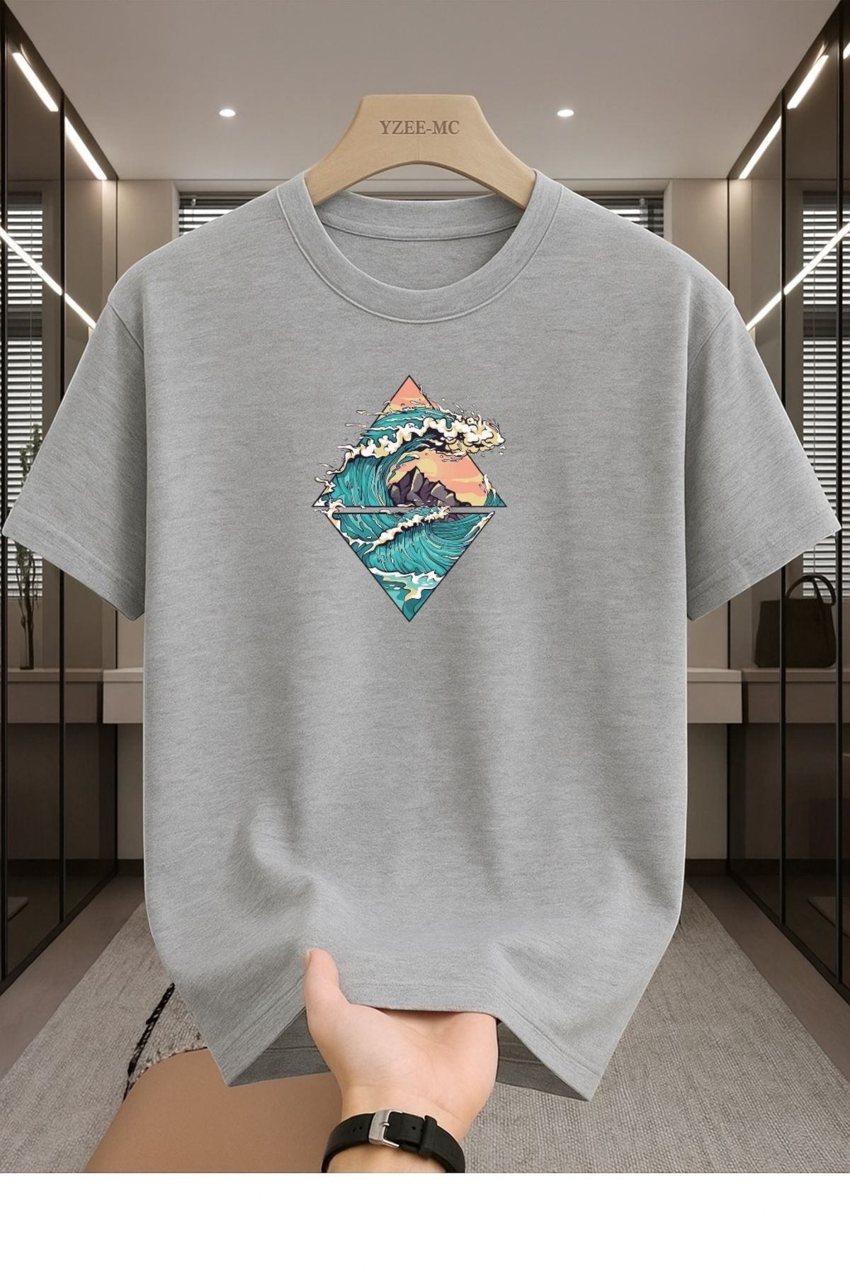 Madali Boutique Dalga Baskılı Unisex Bisiklet Yaka Pamuk Oversize Boyfriend T-Shirt