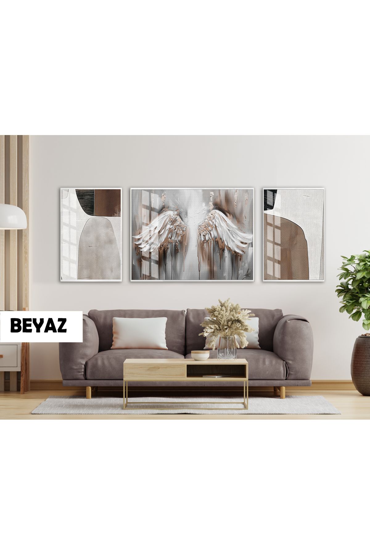 Harikabirev HARİKABİREV|(ABSTRACT) MELEK KANATLARI MODERN MODELİ|ÇERÇEVELİ TEMPERLİ CAM TABLO 3LÜ YATAY