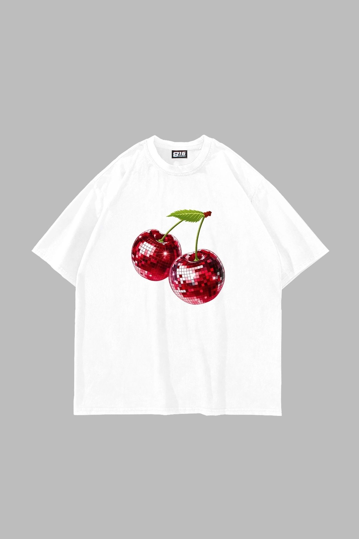 Sekizbiraltı Disco Cherry Baskılı Oversize Unisex Beyaz Tshirt