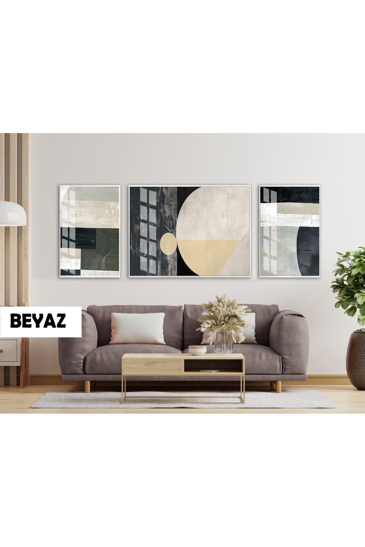 Harikabirev HARİKABİREV|(ABSTRACT) BOHEM GEOMETRİK MODEL |ÇERÇEVELİ TEMPERLİ CAM TABLO 3LÜ YATAY