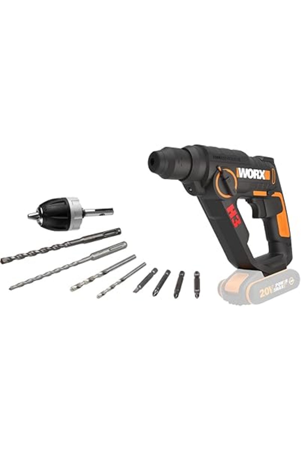 Karachil Worx Wx390.9 20Volt 1.2J Profesyonel Sds-Plus Pnömatik Şarjlı Matkap + 8 Adet Uç + Mandren (Akü Dah