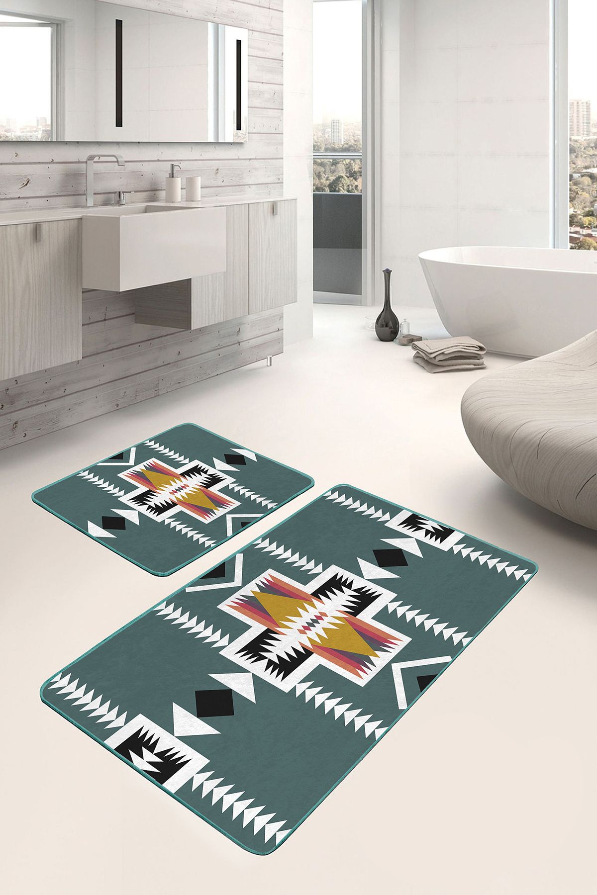 Realhomes Yeşil Zeminde Geleneksel Motifli Geleneksel Etnik Motifler Vintage 2'li Banyo & Mutfak Paspas Takımı