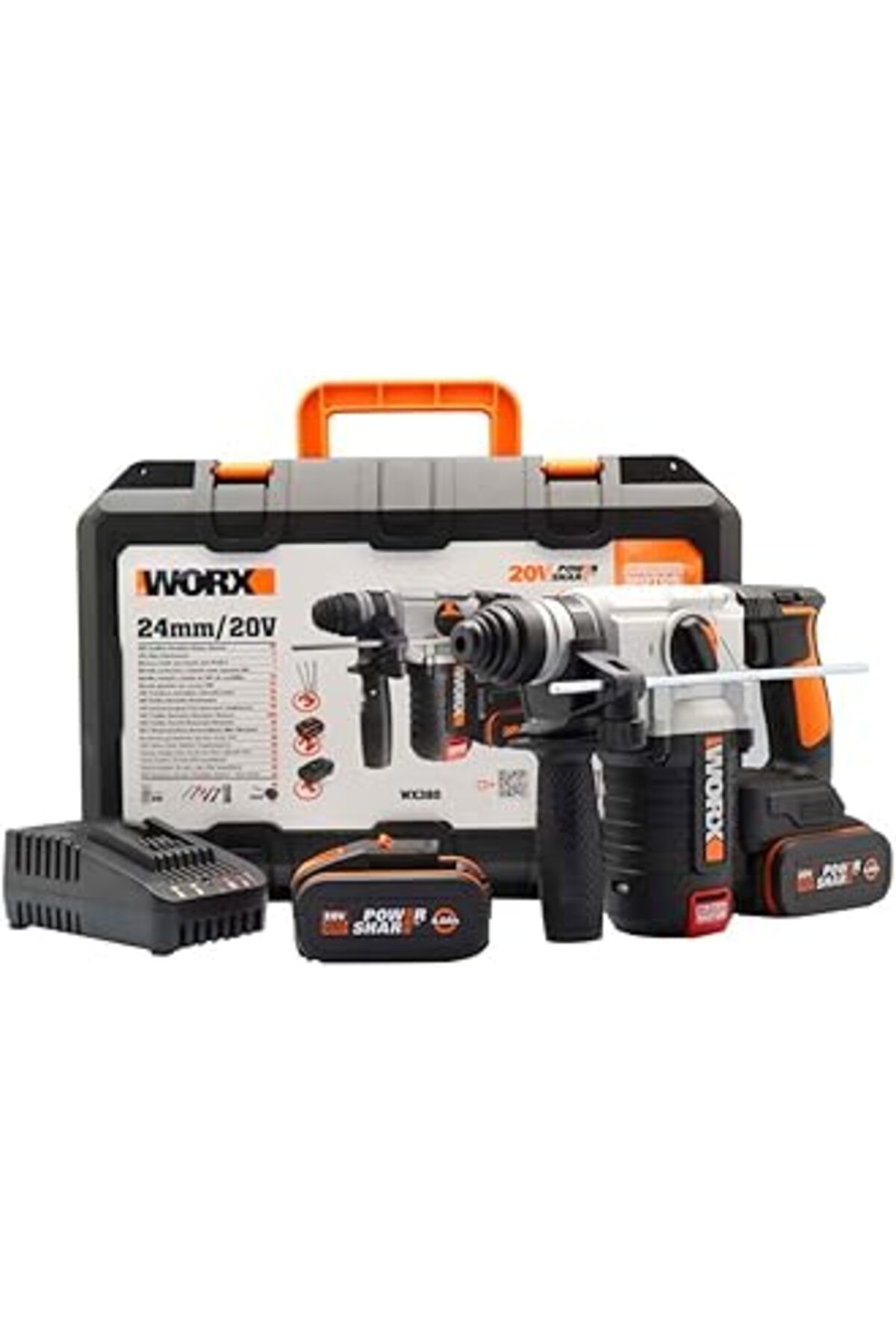 Pazarcan Worx Wx380 20Volt 4.0Ah. 2.2J Li-Ion Çift Akülü Şarjlı Profesyonel Sds-Plus Pnömatik Kırıcı/Delici