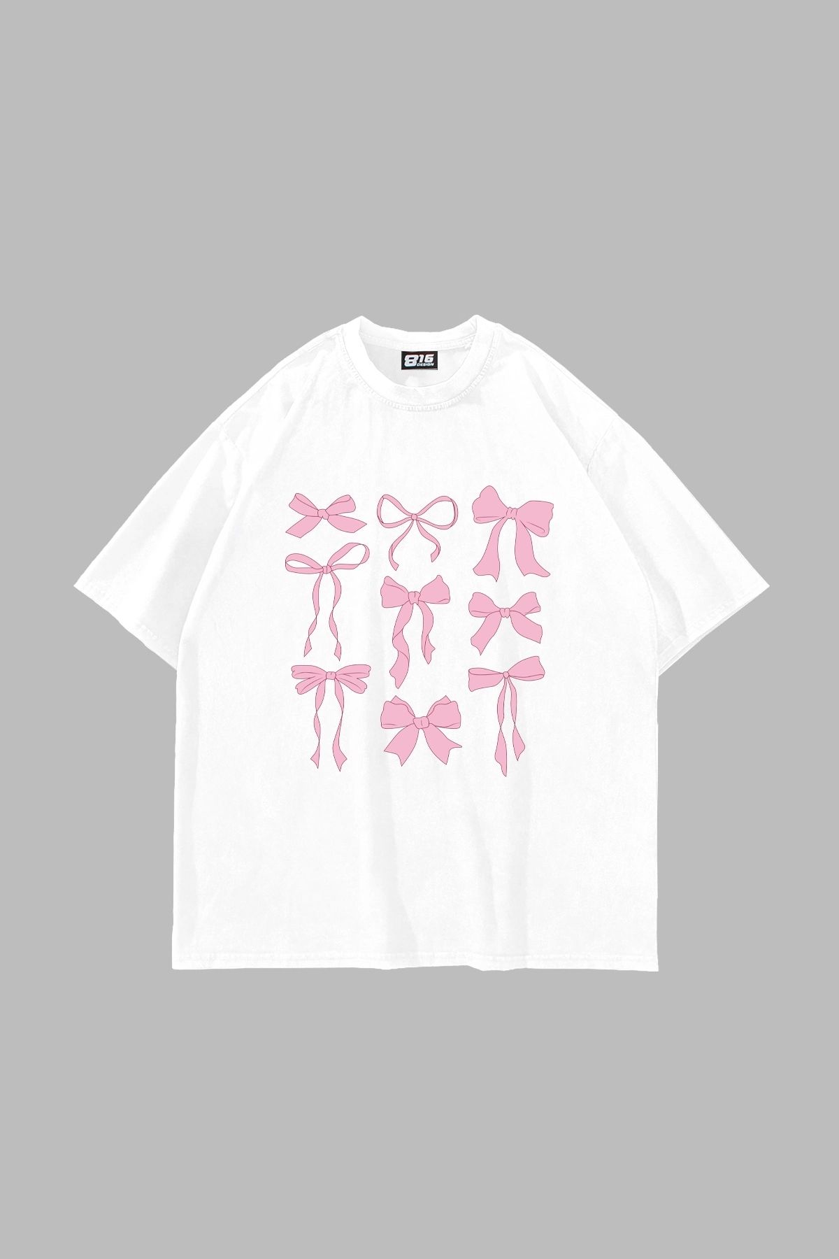 Sekizbiraltı Cute Fiyonk Baskılı Oversize Unisex Beyaz Tshirt