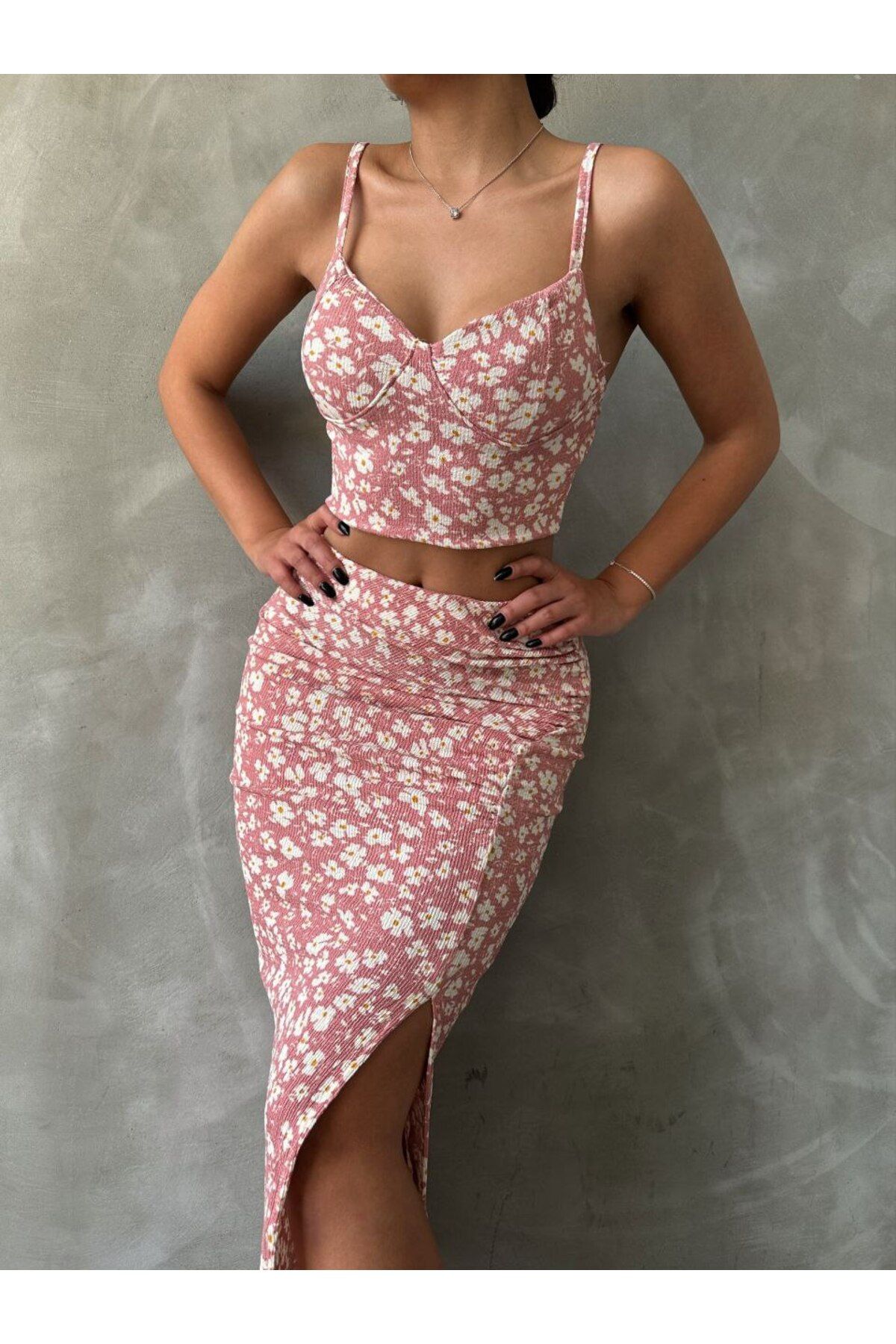 Lacesta ÇİÇELİ İP ASKILI CROP ETEK TAKIM