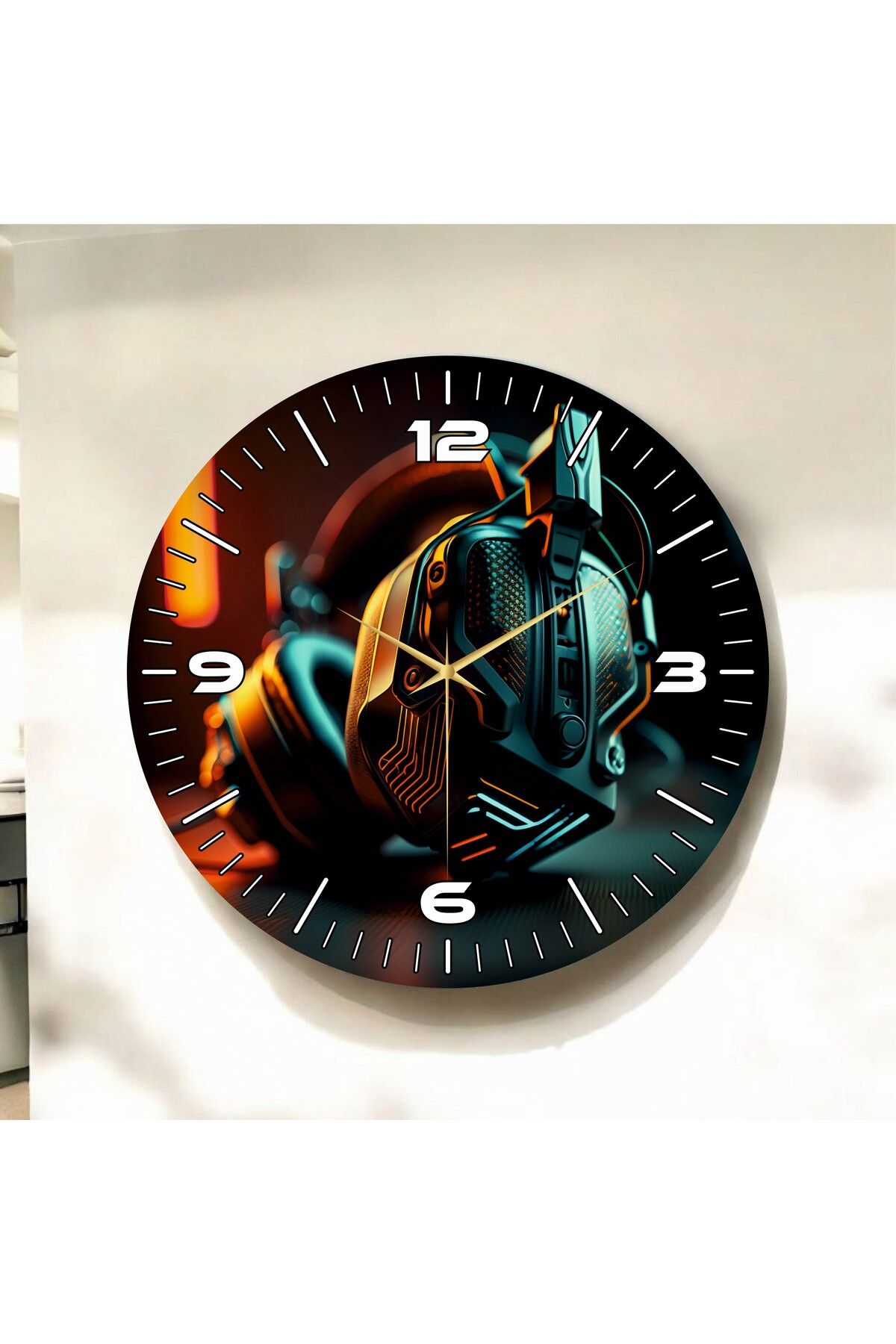 AA Shop Gamer Oyuncu Renkli Baskı Kulaklık Desenli Sayılı Hediyelik Ahşap Sessiz Duvar Saati 50cm