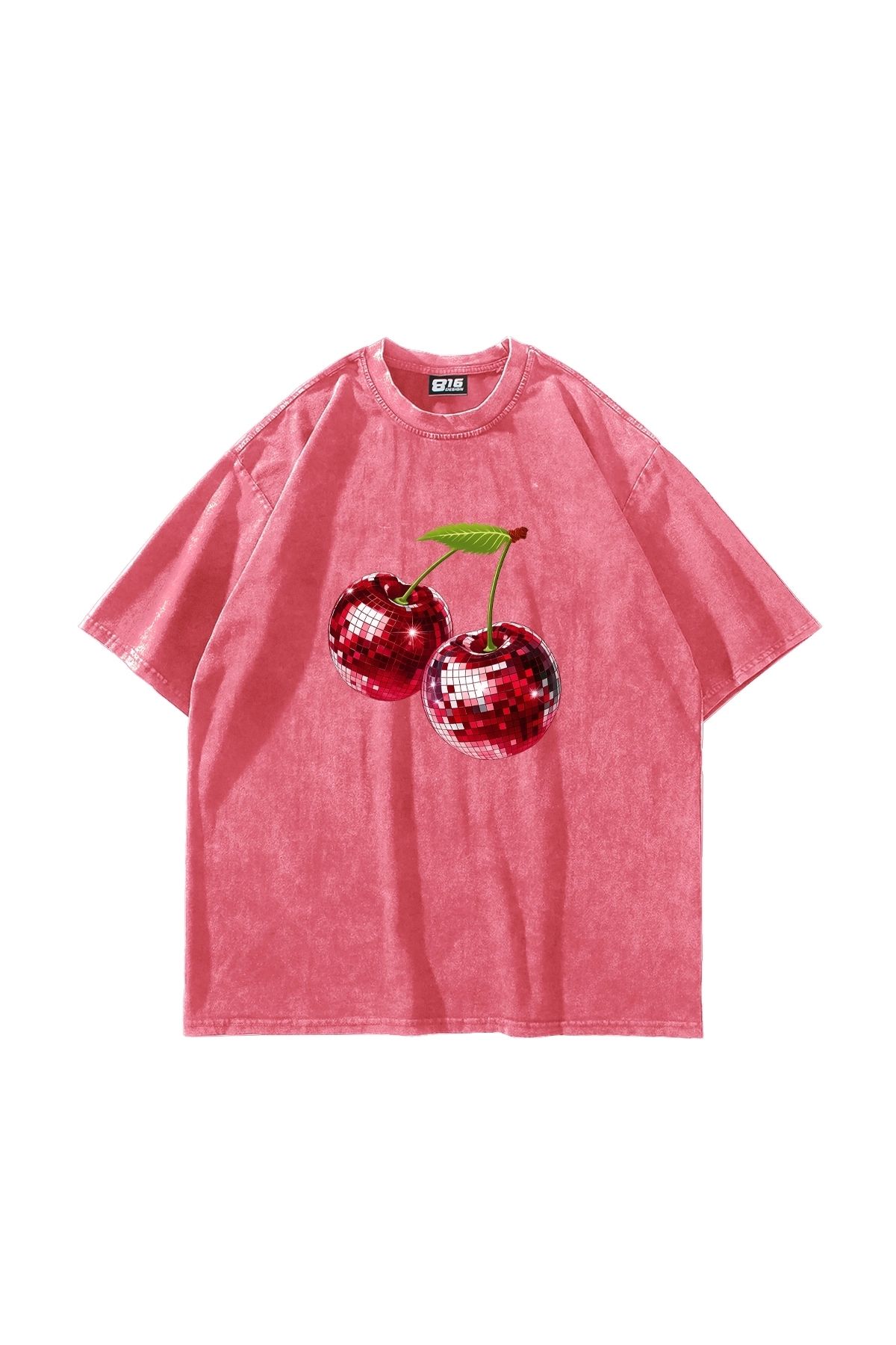 Sekizbiraltı Disco Cherry Baskılı Oversize Unisex Yıkamalı Pembe Tshirt
