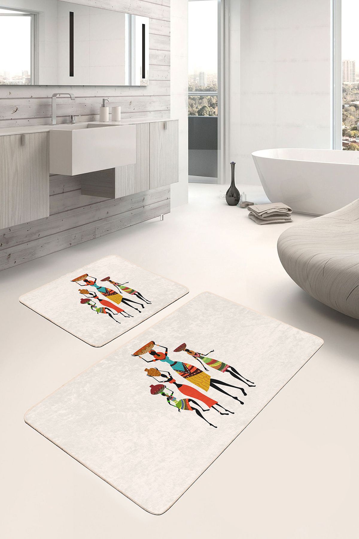 Realhomes 2'li Set Beyaz Zeminde Etnik Motifli Afrika Kadın Etnik Motifler Klasik 2'li Banyo Paspas Takımı
