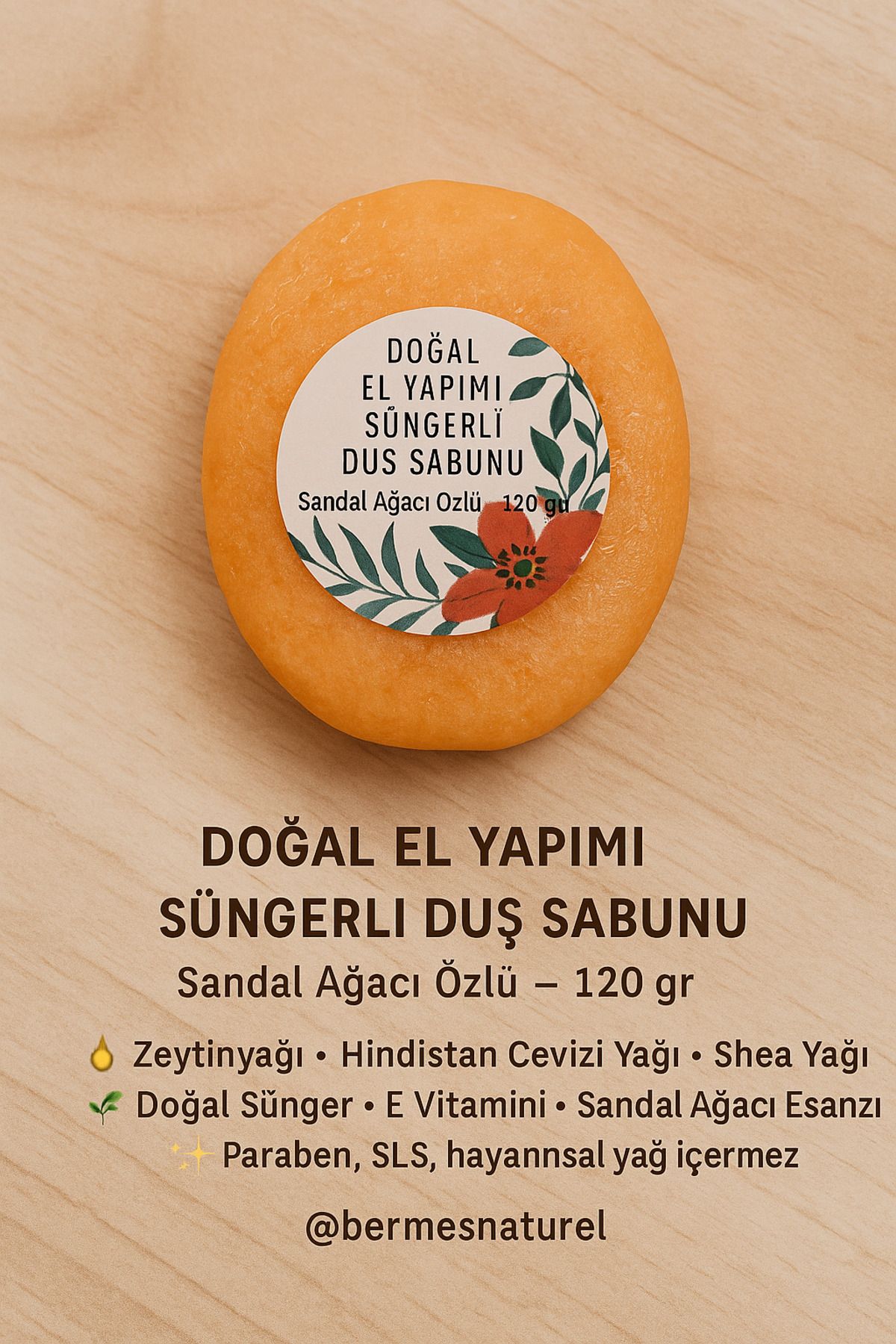 BERMES NATUREL Sandal ağacı özlü süngerli duş sabunu