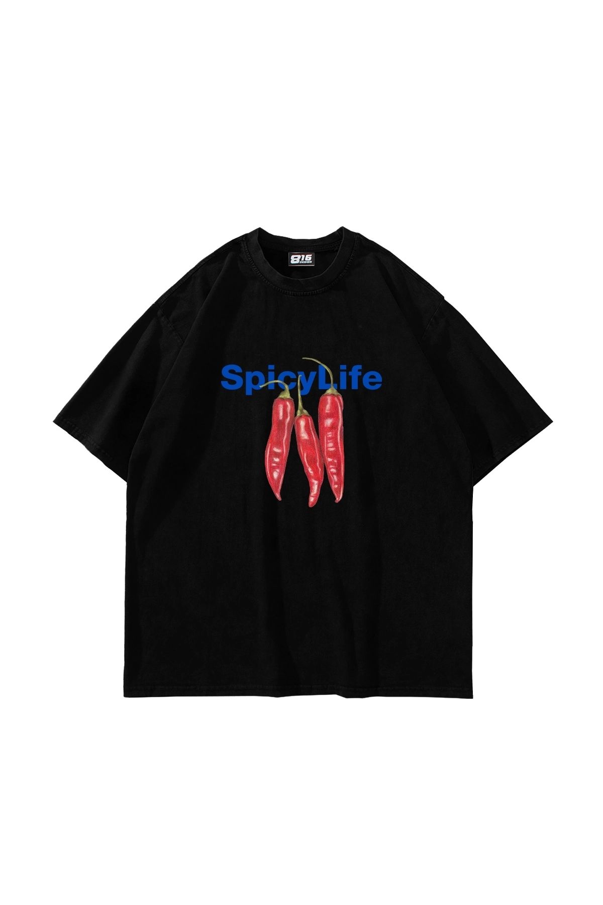 Sekizbiraltı Spicy Life Baskılı Oversize Unisex Siyah Tshirt
