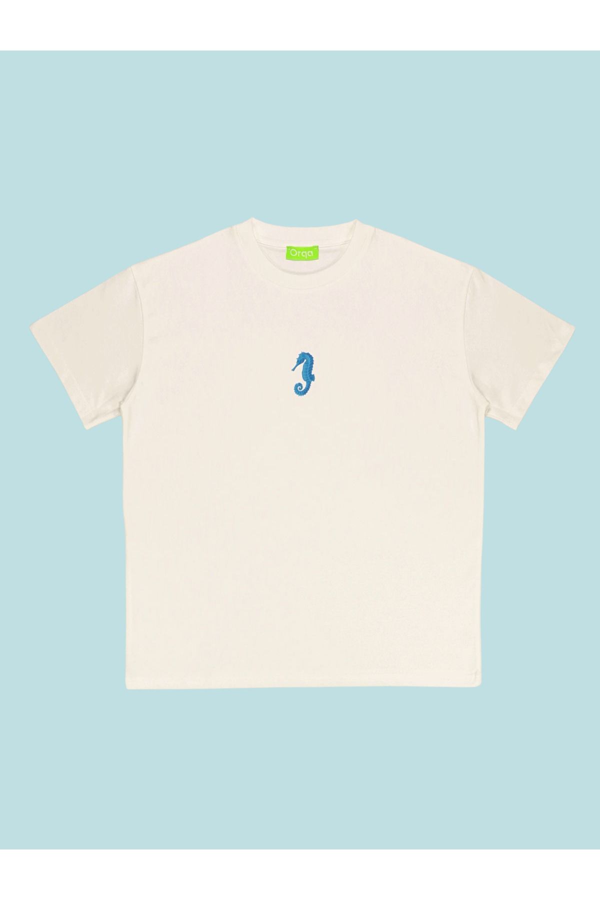 Orqa Unisex Deniz Atı Baskılı %100 Pamuk Beyaz Tshirt