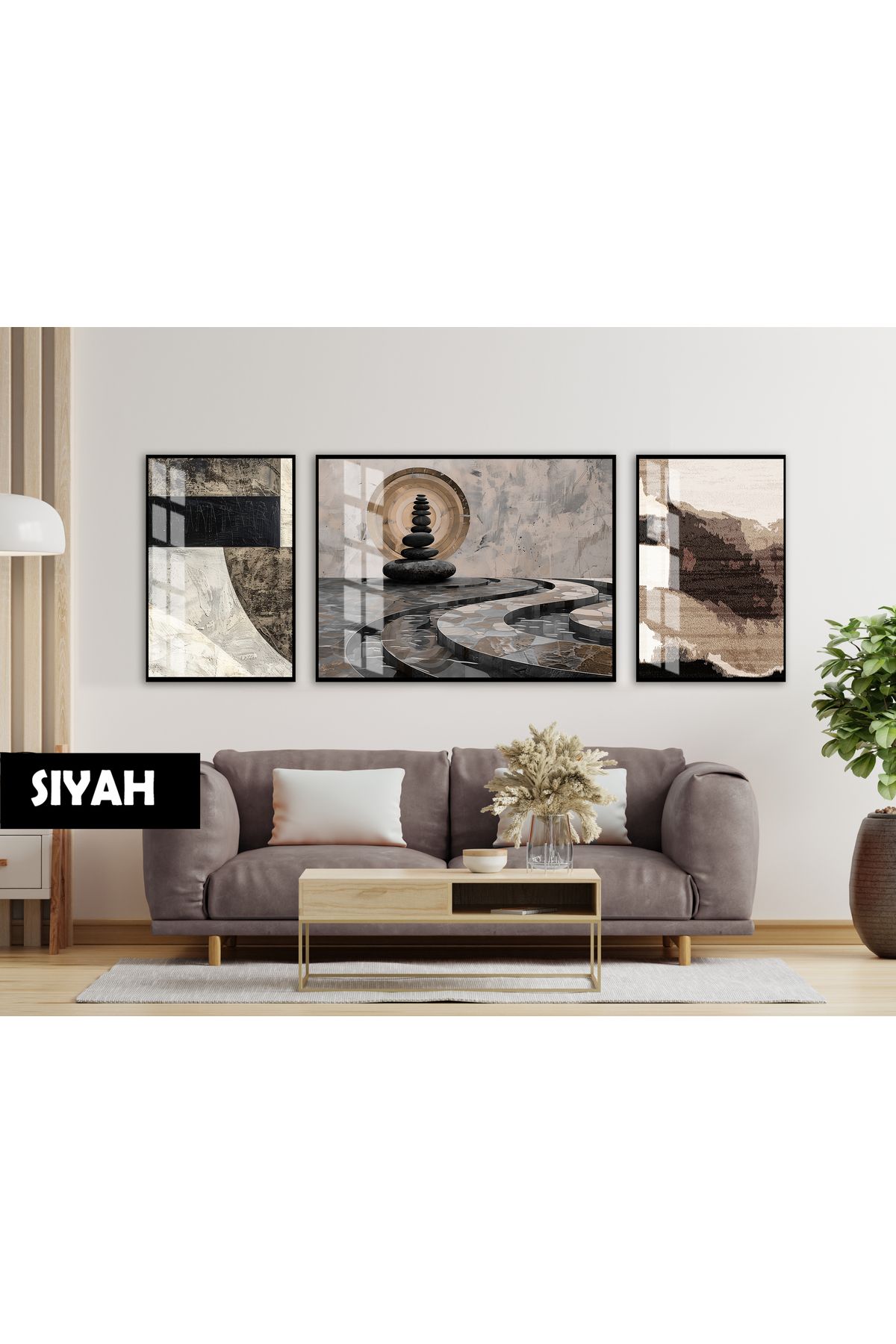 Harikabirev HARİKABİREV|(ABSTRACT) BOHEM GEOMETRIC MODELİ|ÇERÇEVELİ TEMPERLİ CAM TABLO 3LÜ YATAY