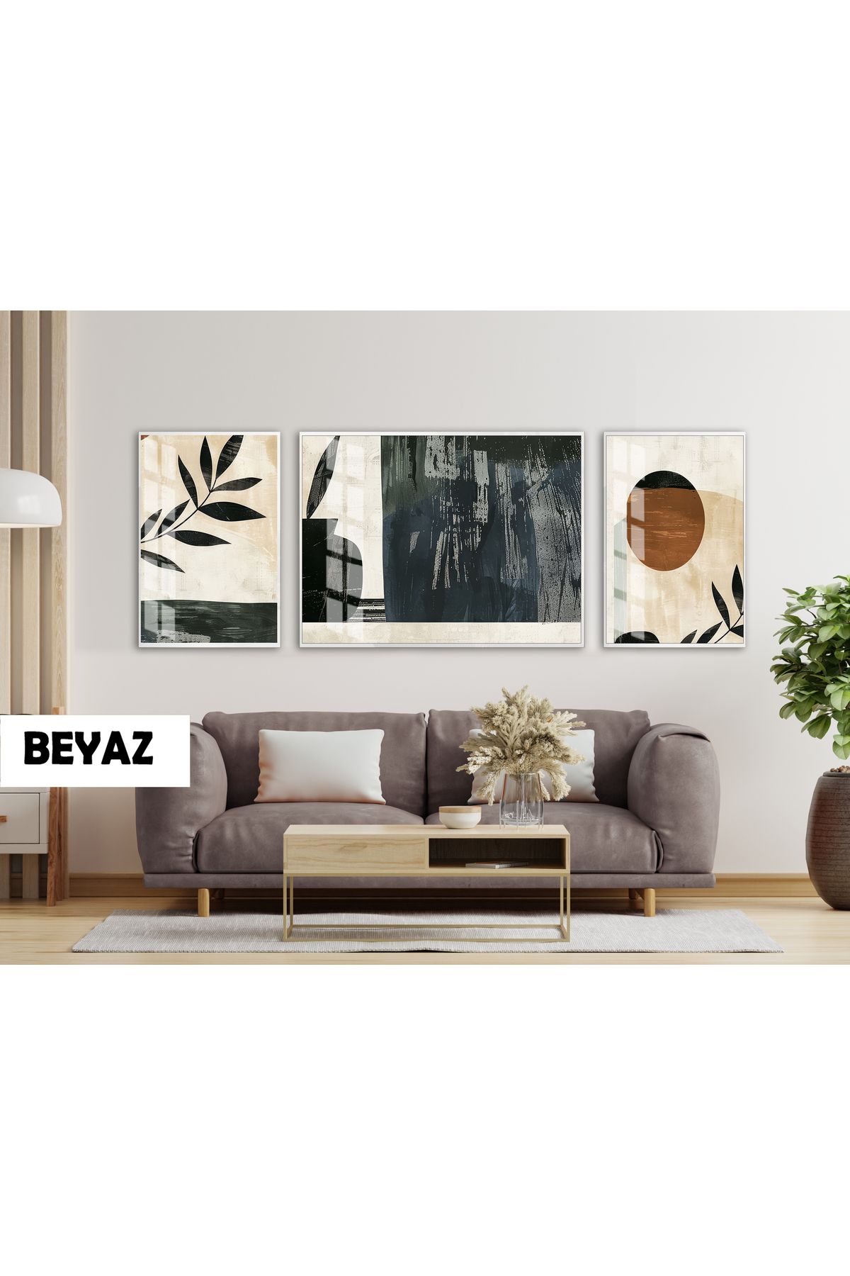 Harikabirev HARİKABİREV|(ABSTRACT) BOTANİK BOHEM MODELİ|ÇERÇEVELİ TEMPERLİ CAM TABLO 3LÜ YATAY