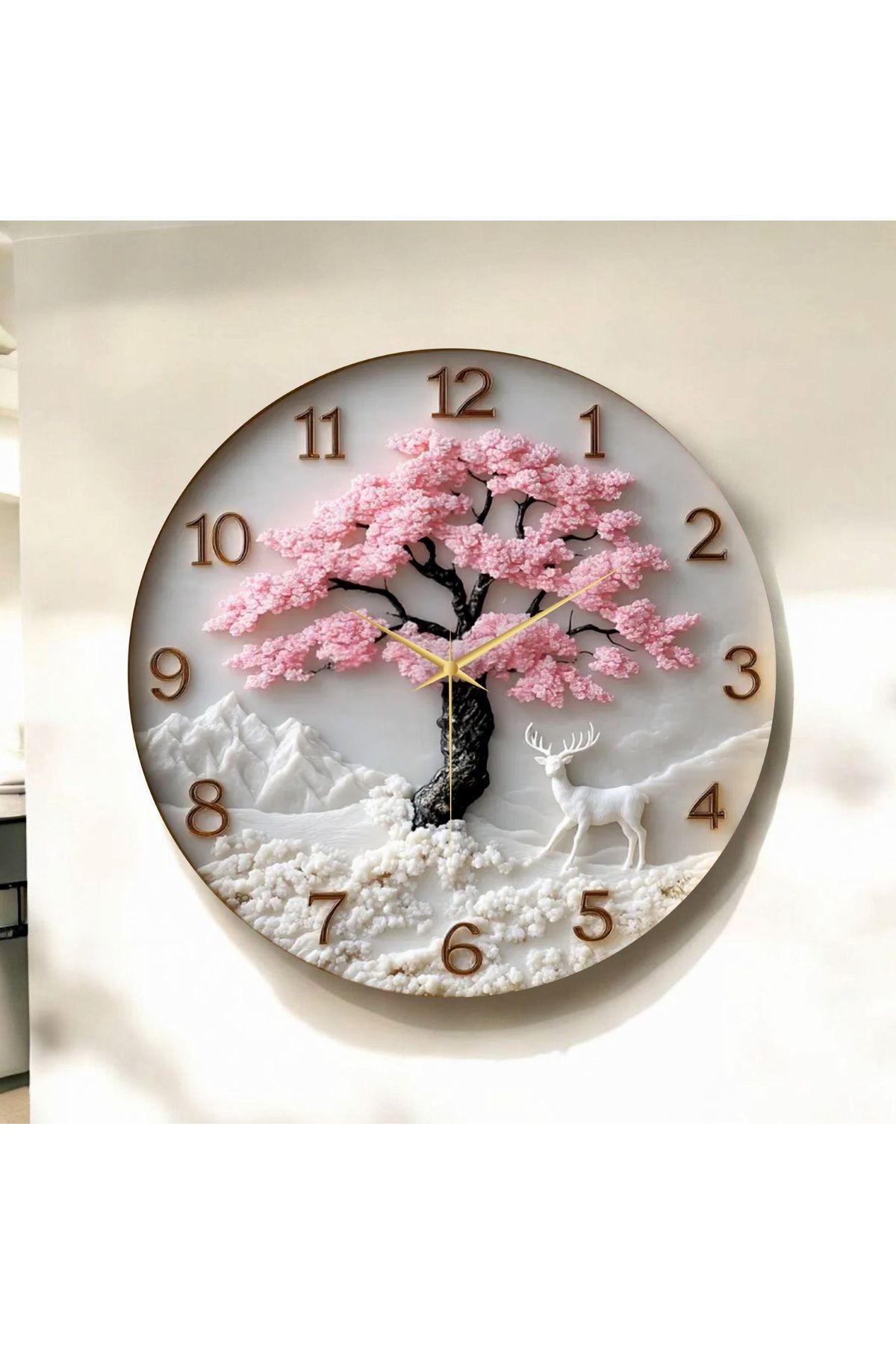 AA Shop Renkli Baskı Ağaç Doğa Desenli Sayılı Hediyelik Ahşap Sessiz Duvar Saati 50cm