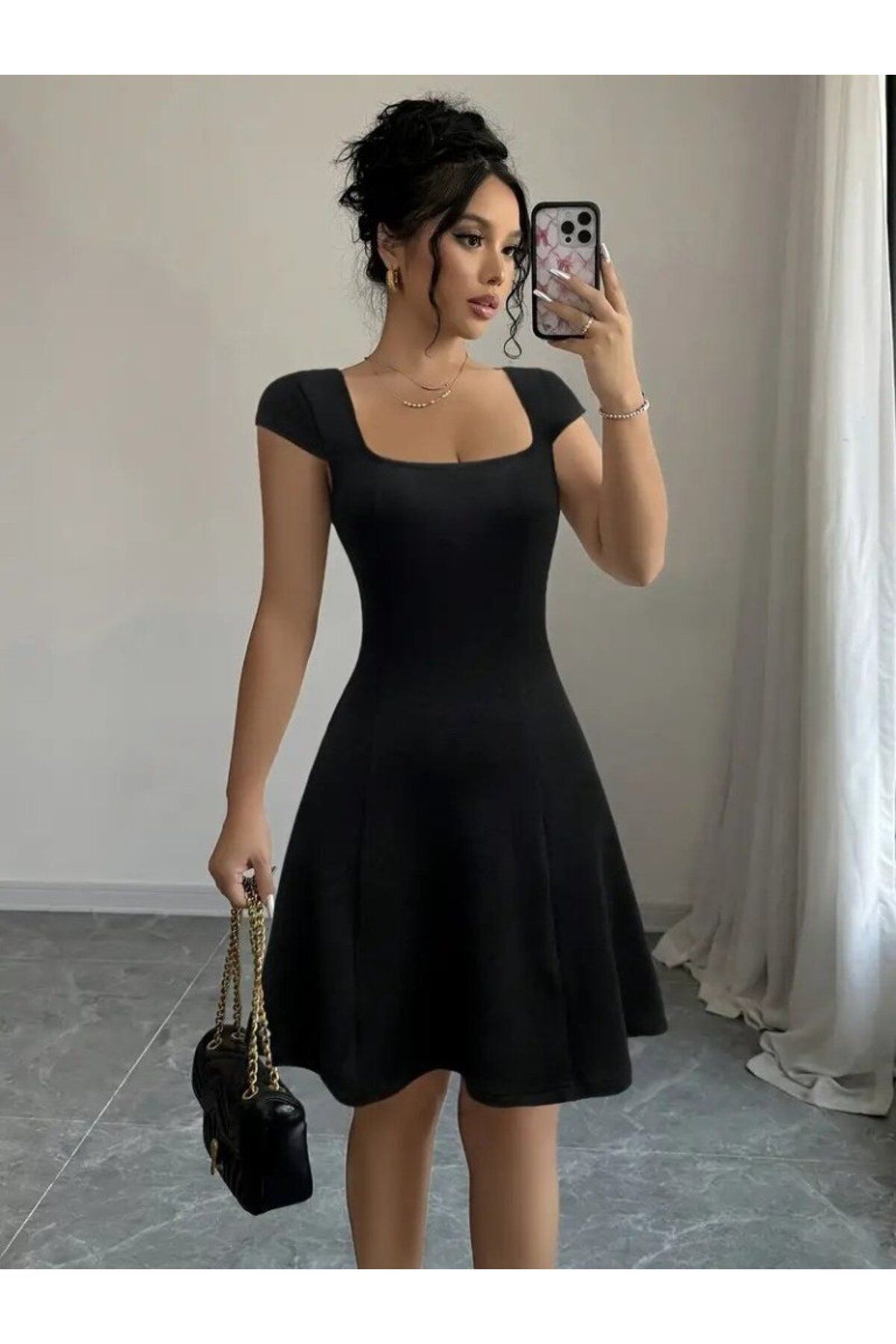 ETİLER COLLECTION Kadın Kısa Kollu Geometrik Yakalı Janjan Krep Elbise