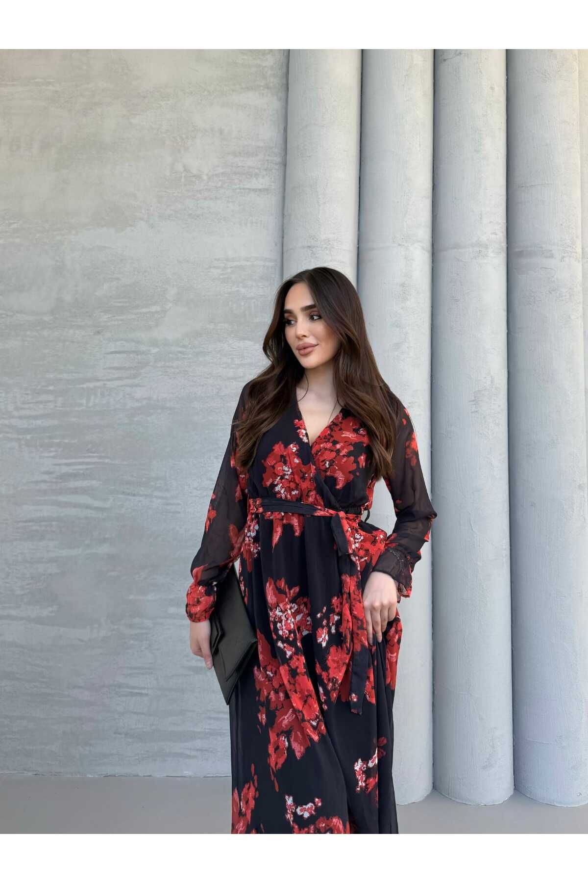 MitraMina Güllü Kruvaze Yaka Astarlı Şifon Elbise
