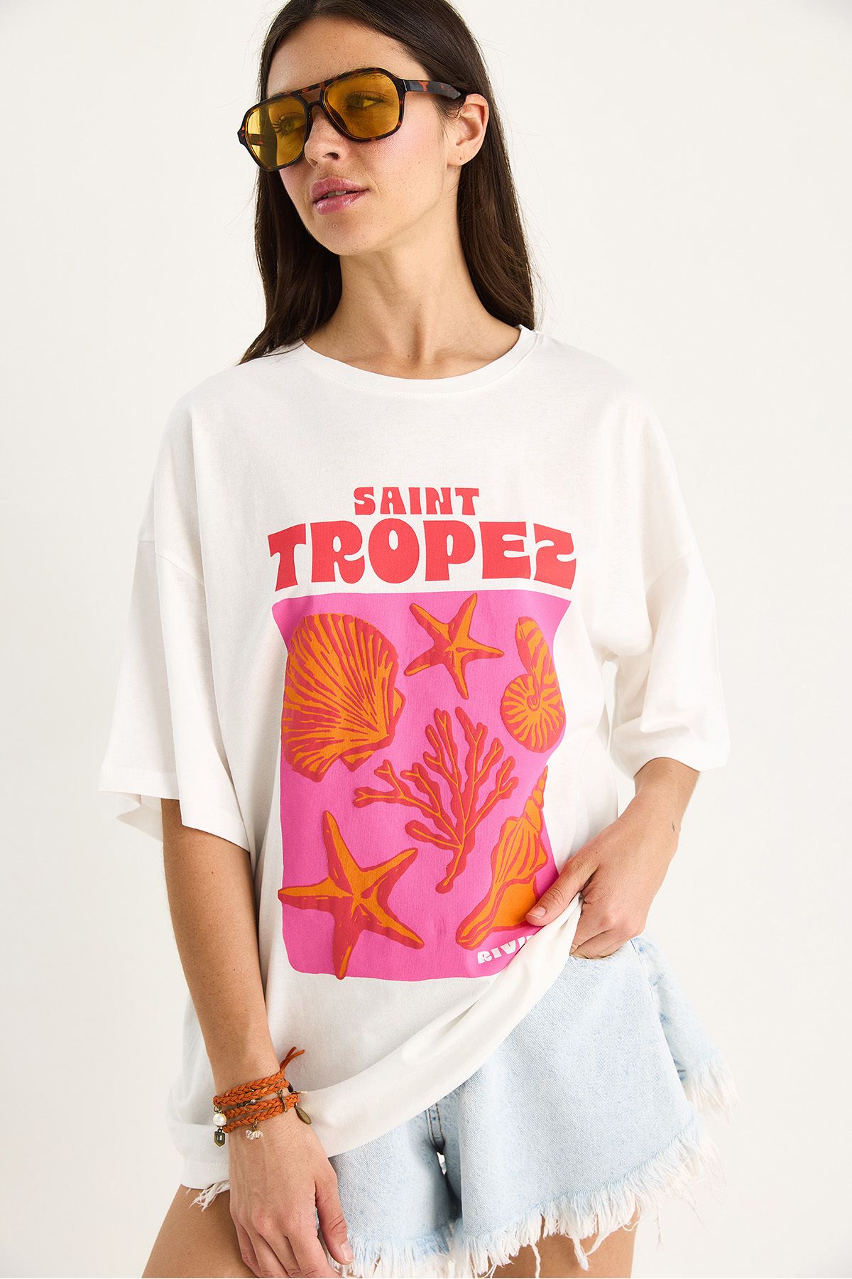 Bianco Lucci Kadın %100 Pamuklu Deniz Kabuğu Baskılı Oversize T-Shirt 6016 60283453