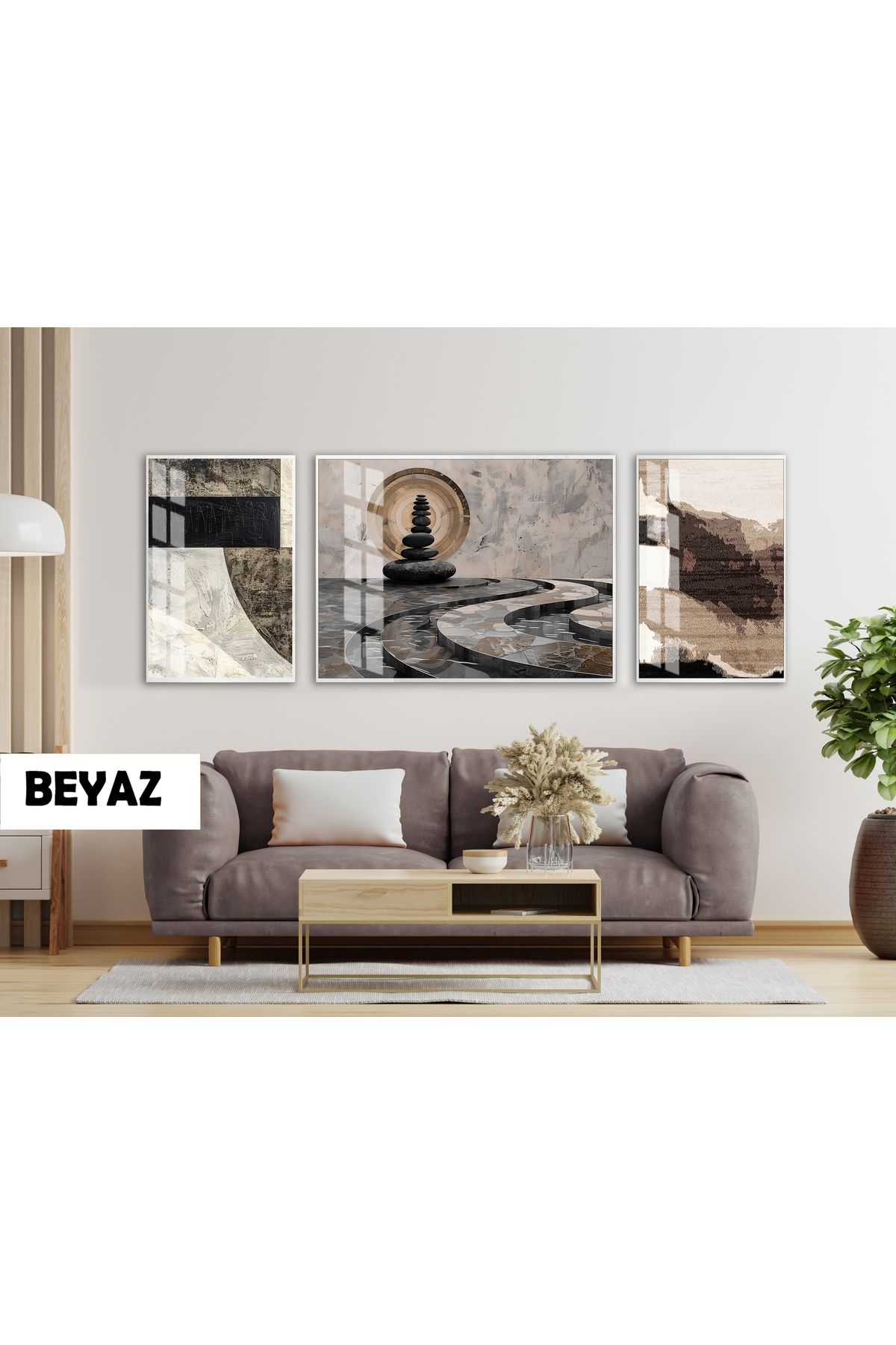 Harikabirev HARİKABİREV|(ABSTRACT) BOHEM GEOMETRIC MODELİ|ÇERÇEVELİ TEMPERLİ CAM TABLO 3LÜ YATAY