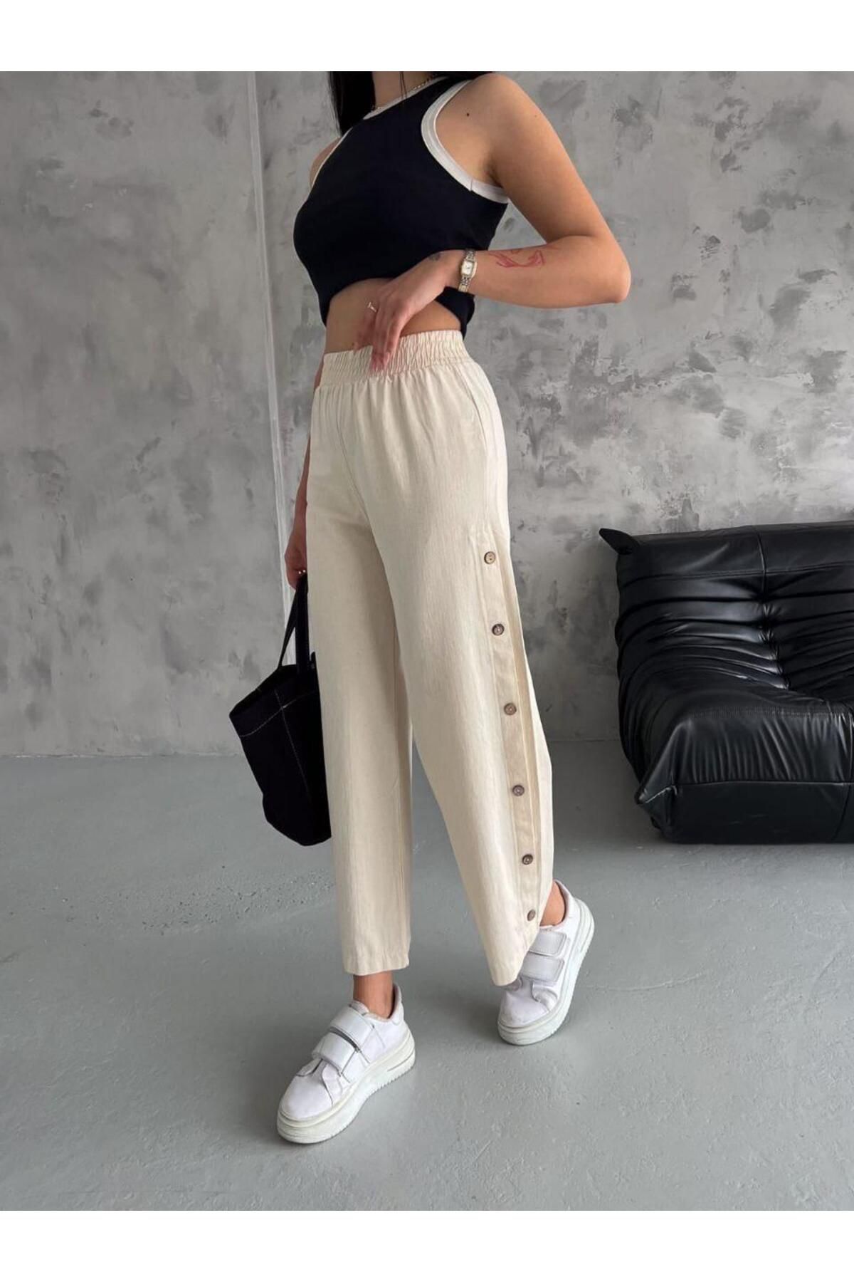 mikudesign Yan Düğmeli Bol Paça Lastikli Yazlık Pantolon