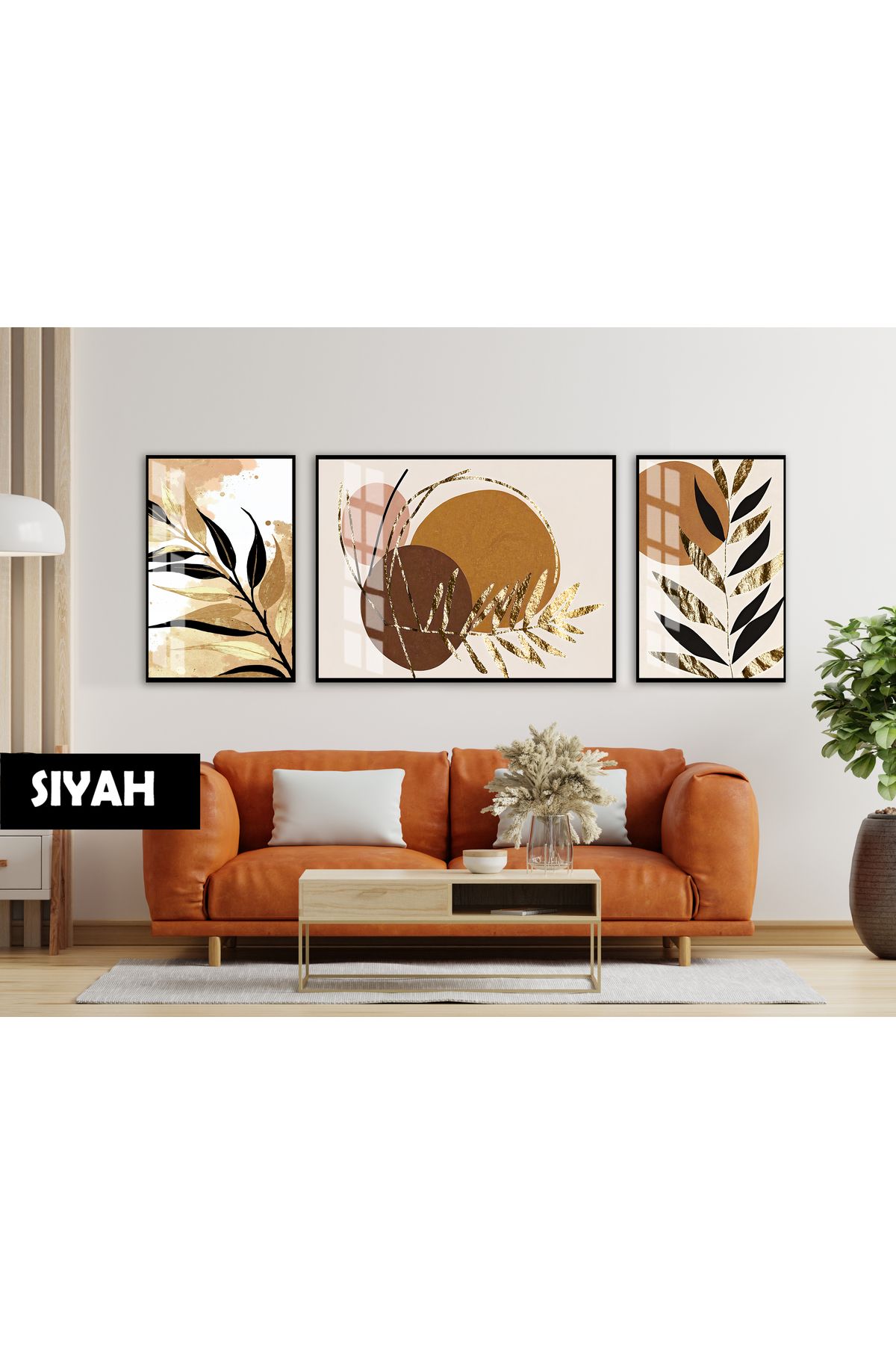 Harikabirev HARİKABİREV|(ABSTRACT) BOHEM ALTIN YAPRAKLI MODEL 02 |ÇERÇEVELİ TEMPERLİ CAM TABLO 3LÜ YATAY