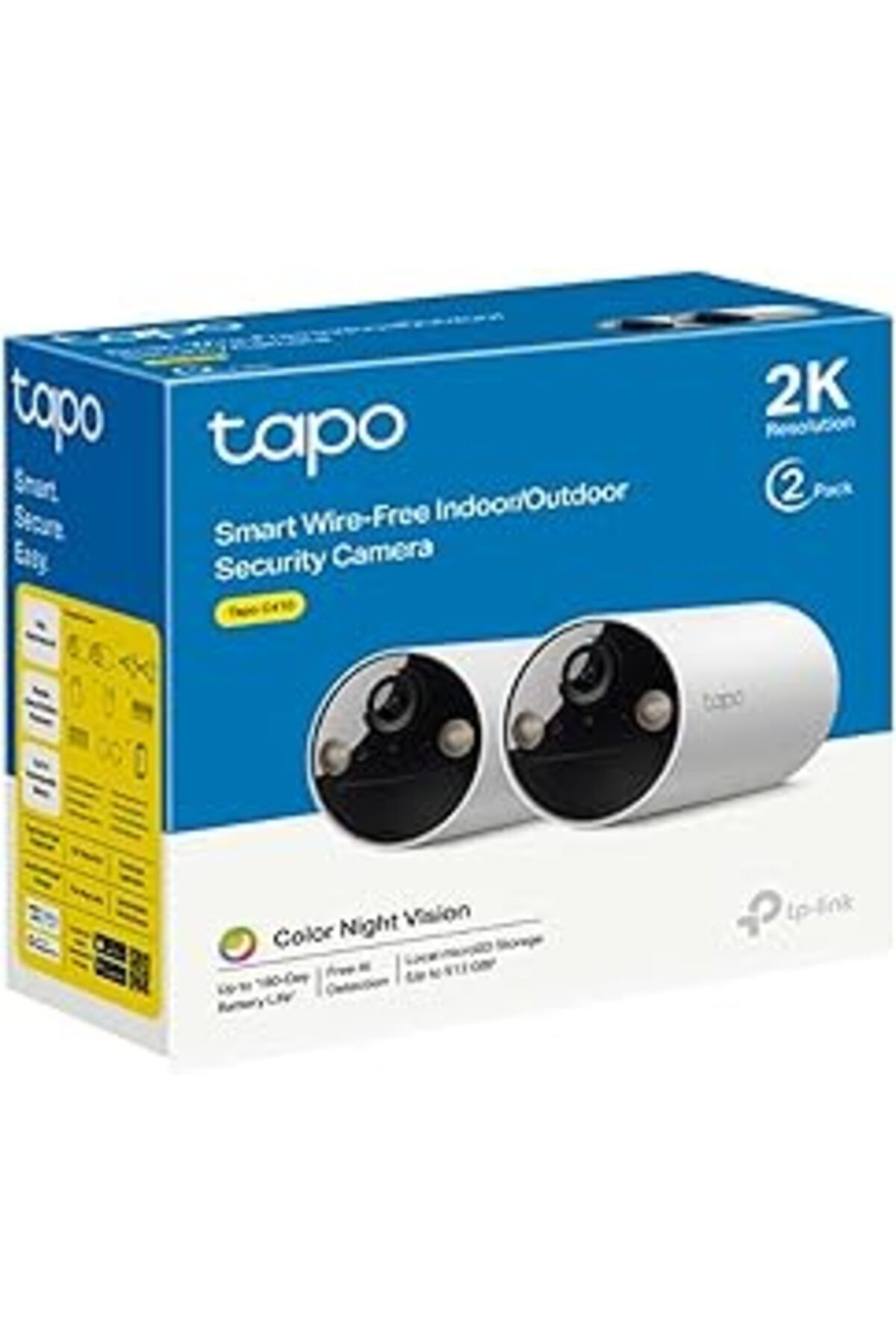 Pazarcan C410(2-Pack), 2K 3Mp, Renkli Görüşü, Şarj Edilebilir, Destekli, Ip65, Yerel/Bulut Depolama, 110° Aç