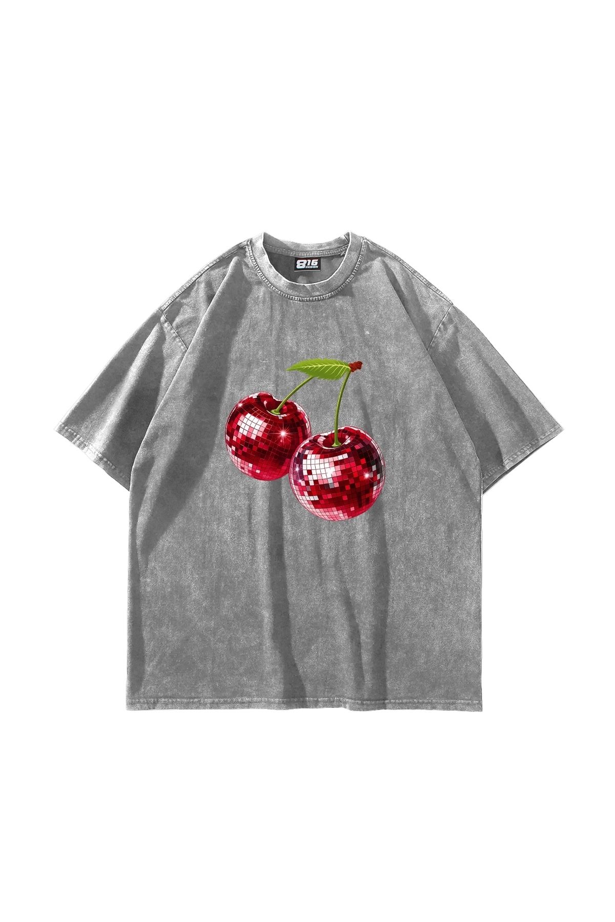 Sekizbiraltı Disco Cherry Baskılı Oversize Unisex Yıkamalı Beyaz Tshirt