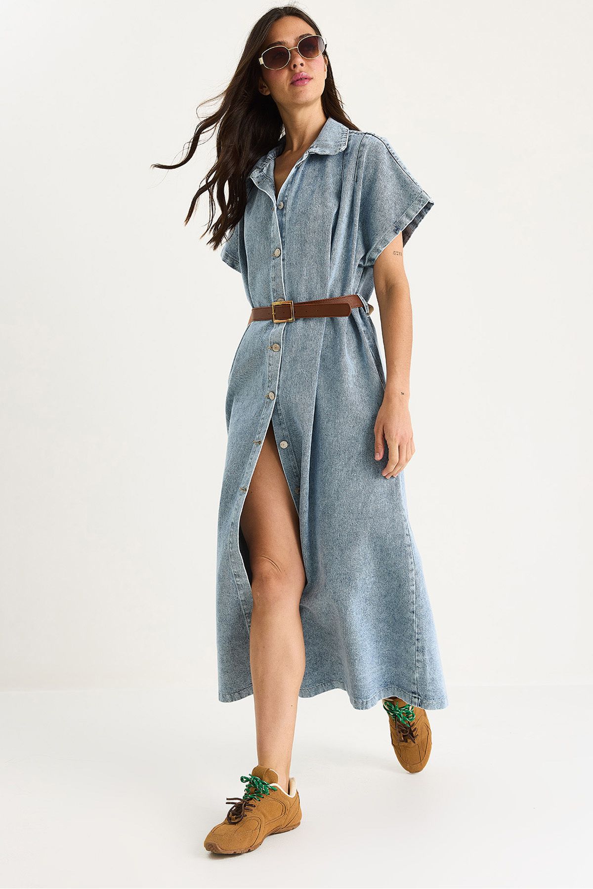 Bianco Lucci Kadın Pile Detaylı Kemerli Düğmeli Çift Cepli Denim Elbise 60283440