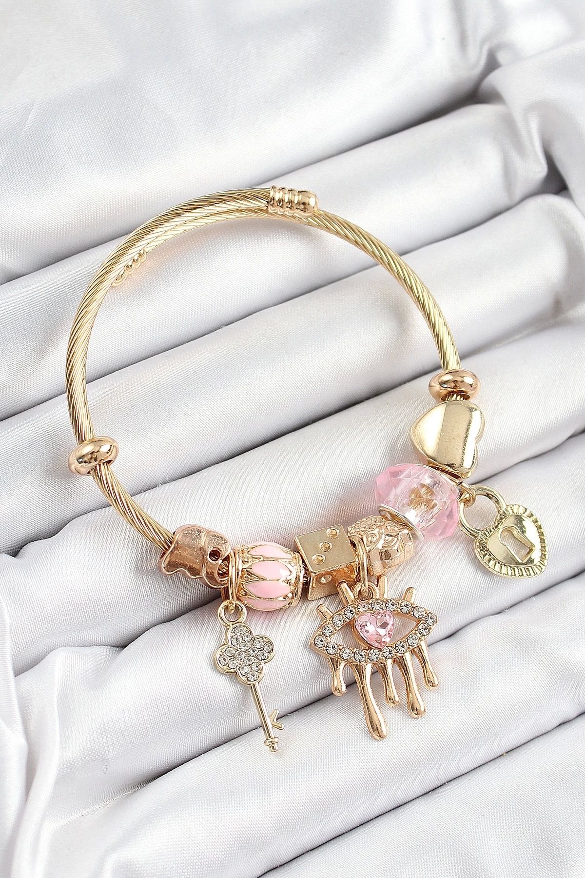 Clariss 316L Çelik Pembe Zirkon Taşlı Kilit Göz Ve Anahtar Model Gold Renk Charm Bileklik