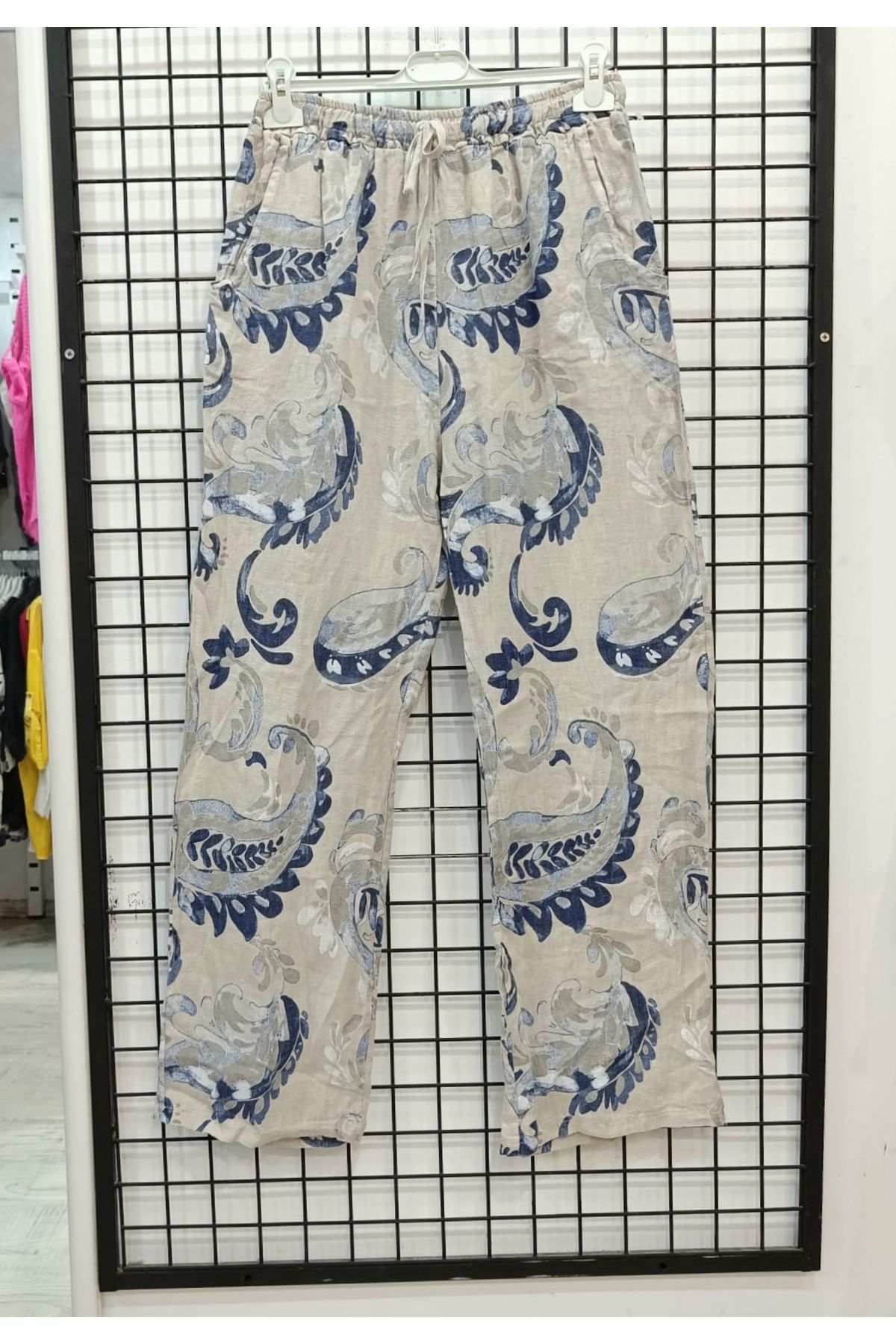 Butik Şans Desenli Lastikli Bel İtalyan Keten Pantolon