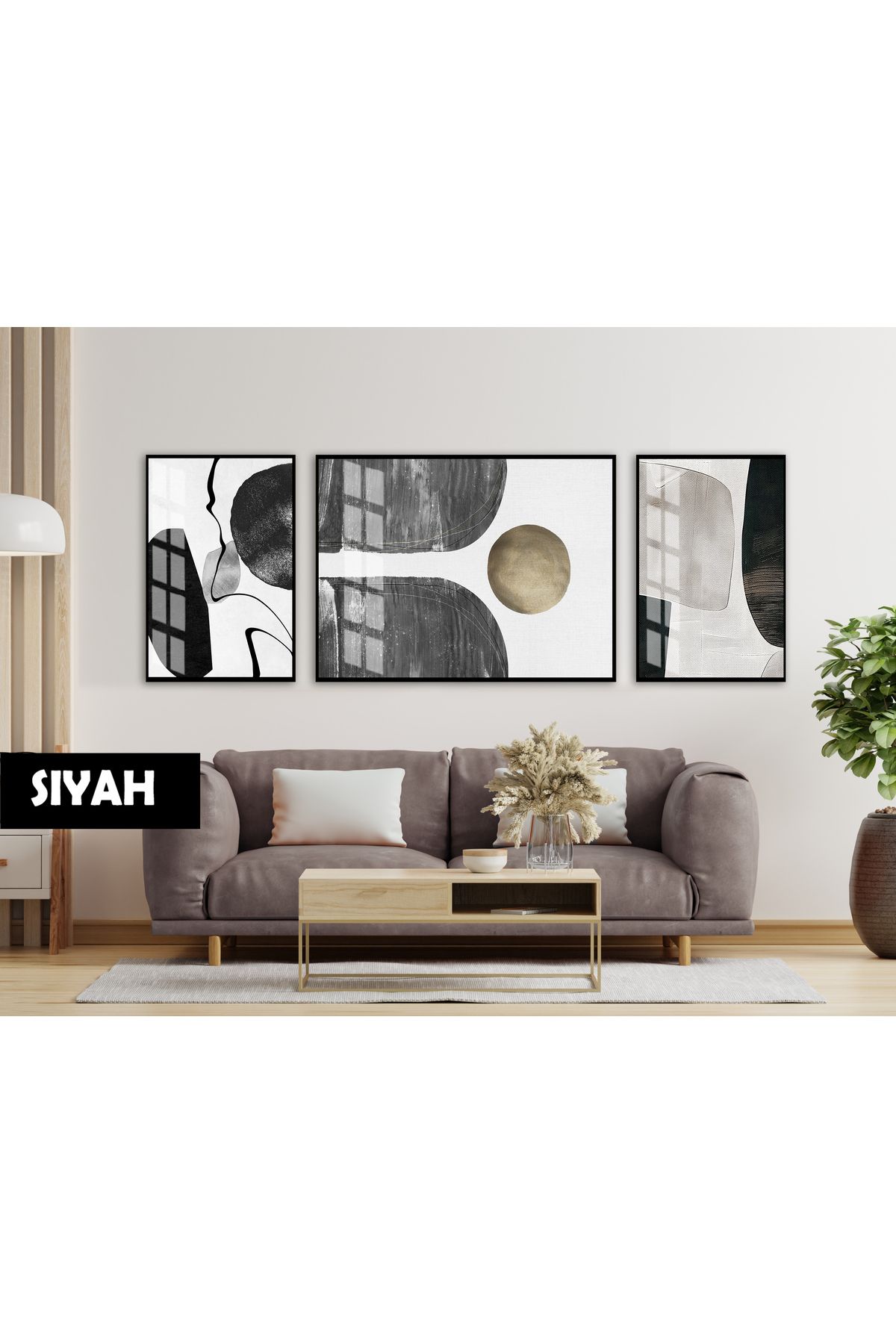 Harikabirev HARİKABİREV|(ABSTRACT) BİTKİ DESENLİ BOHEM MODELİ|ÇERÇEVELİ TEMPERLİ CAM TABLO 3LÜ YATAY
