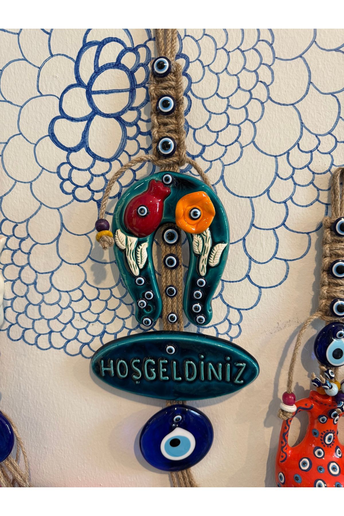 Atak Hediyelik Dekoratif porselen nal hoşgeldiniz duvar dekoru 52 cm nazar boncuklu