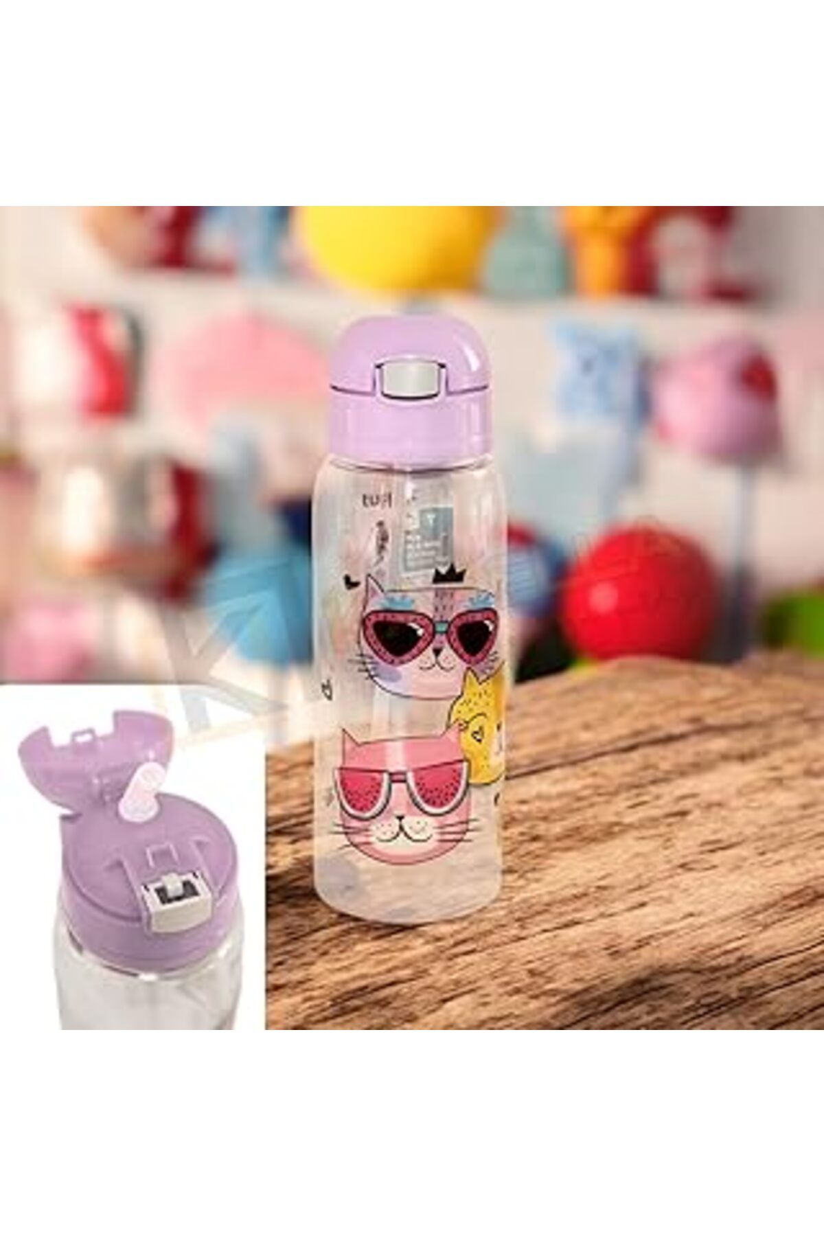 Qedii Lüks Pipetli Lila Kedi Desenli Matara 500ml Mono Tp726