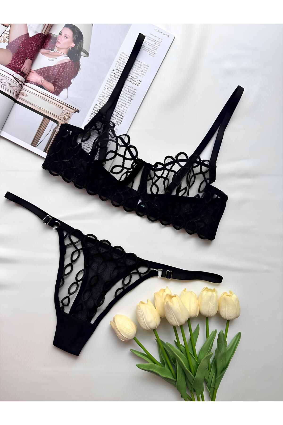 BLUEAVCI Siyah Desenli Bralet Takım