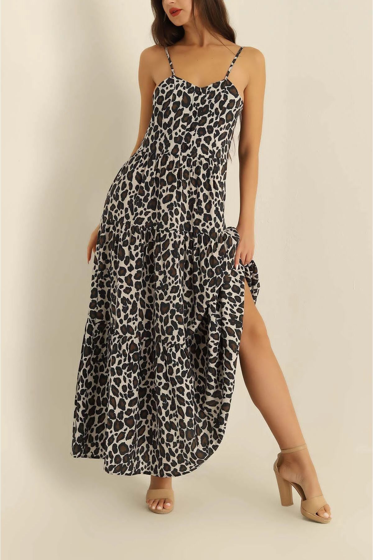 MODA Leopar Desenli Askılı Uzun Elbise