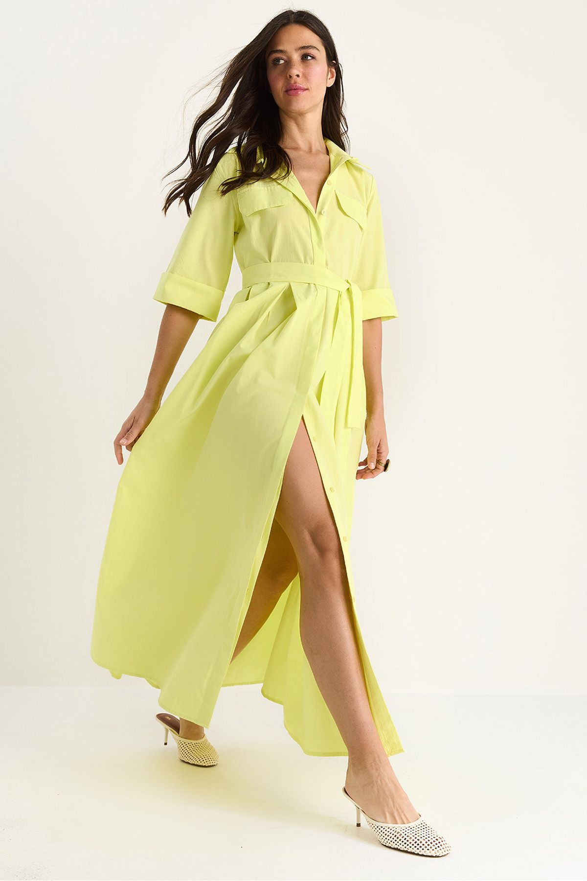 Bianco Lucci Kadın Pile Etekli Cep Detaylı Kuşaklı Poplin Midi Elbise 8441 60283445
