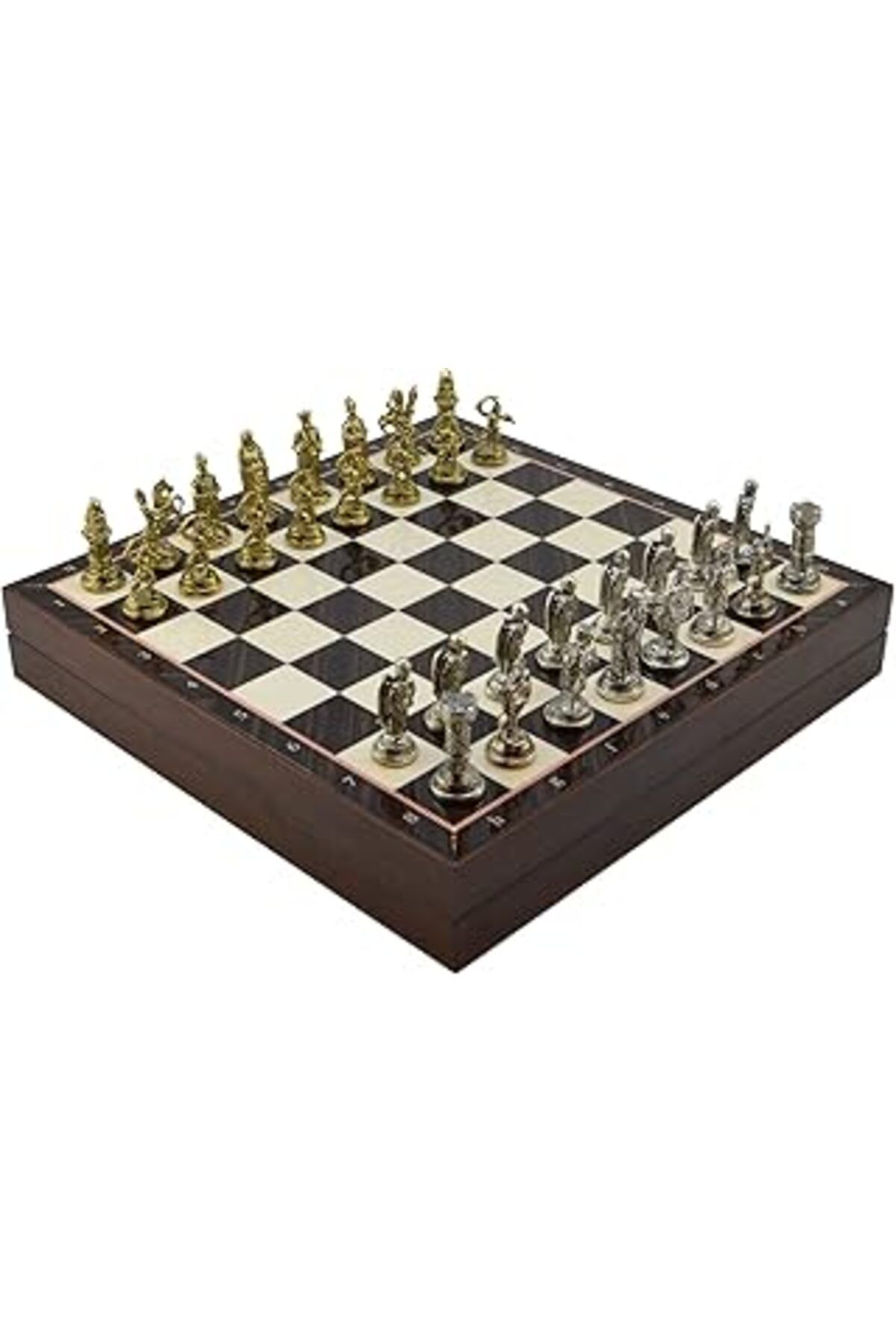 Qedii Gifthome Orta Boy Metal Osmanlı-Bizans Satranç Takımı Parlak Ve Ceviz Desenli Sandıklı Mdf Tahtası